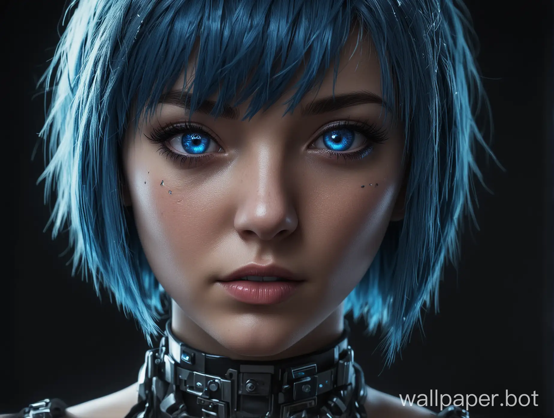 кибер девушка, короткие синие волосы, ярко горят голубые глаза, лицо крупным планом, в жанре киберпанк, темный фон