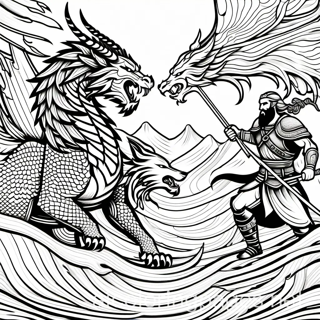 dragon battling a viking with a wolf by his side, Coloring Page, black and white, line art, white background, Simplicity, Ample White Space