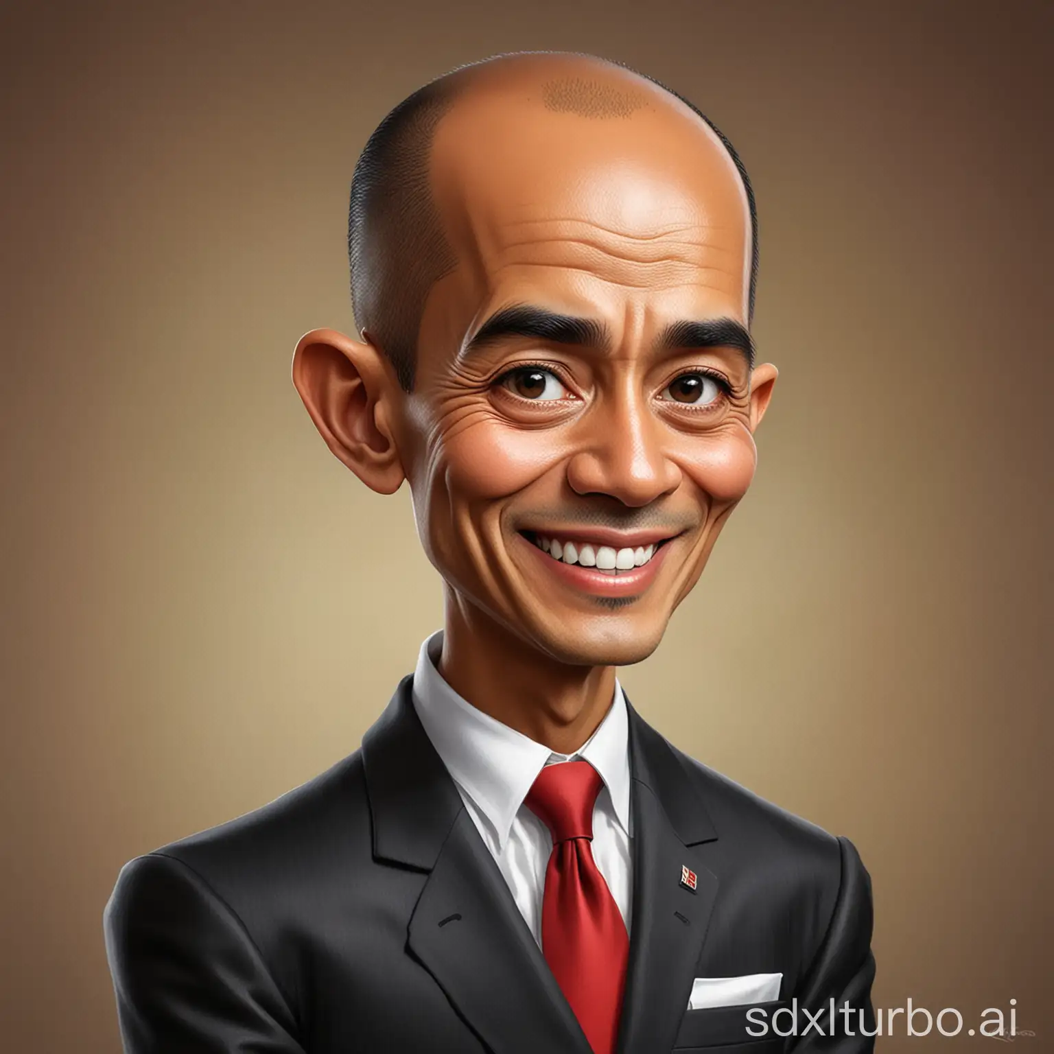 Caricature of Lulu's masterpiece Jokowidodo with a shaved head wearing a non-formal suit.