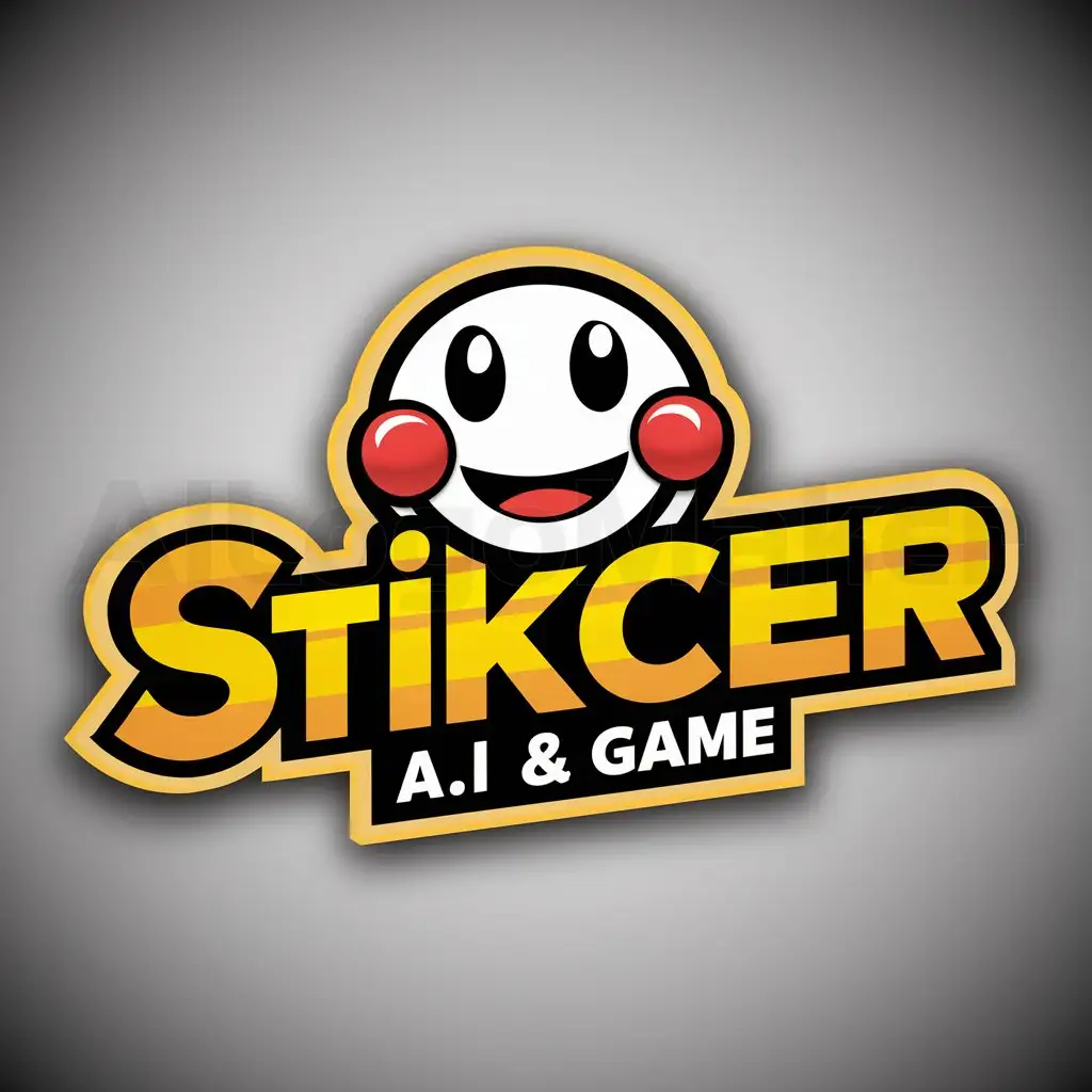 a logo design,with the text "Stikcer A.I And Game", main symbol:Image of a smiling face with big eyes and red cheeks. Cheap spiral binding machine here. Using bright yellow as the base color. Outline edges in black or other dark colors for contrast.,Moderate,clear background