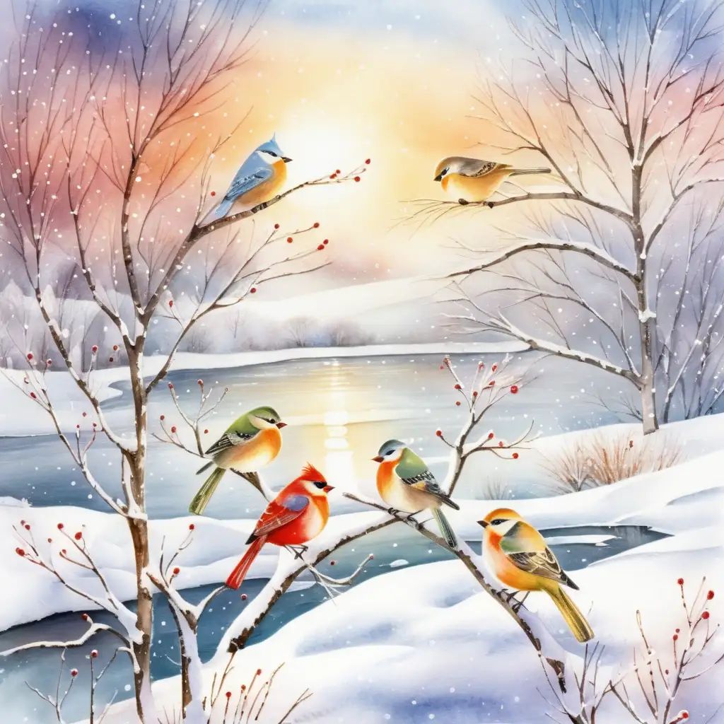 Jul fåglar, vinterlandskap, sol, gnistrande snö, vattenfärg 