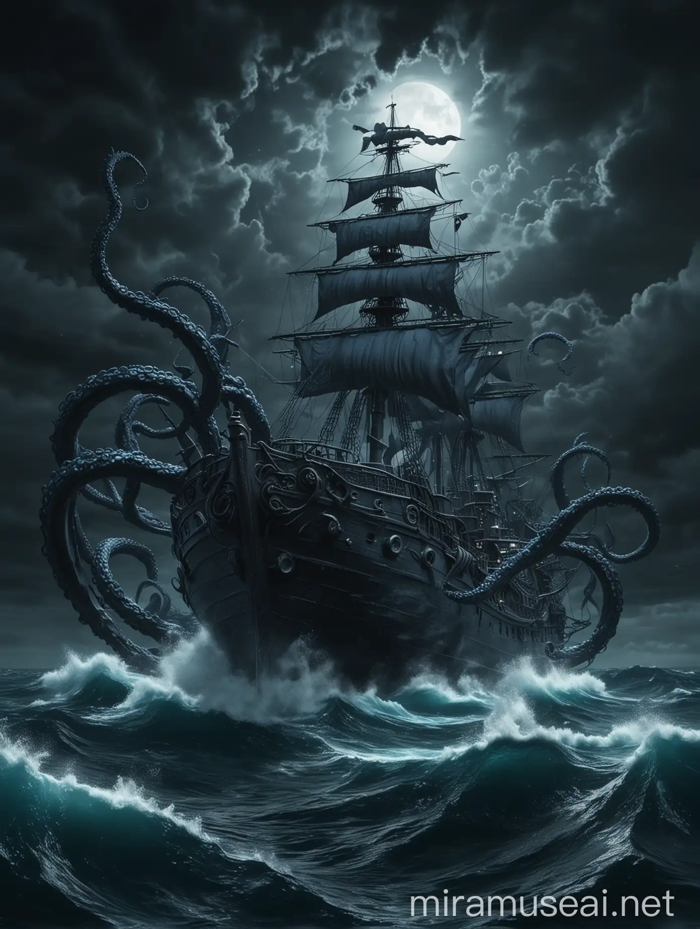 Realistic Ship in Dark Blue Sea with Giant Tentacle and Ghosts