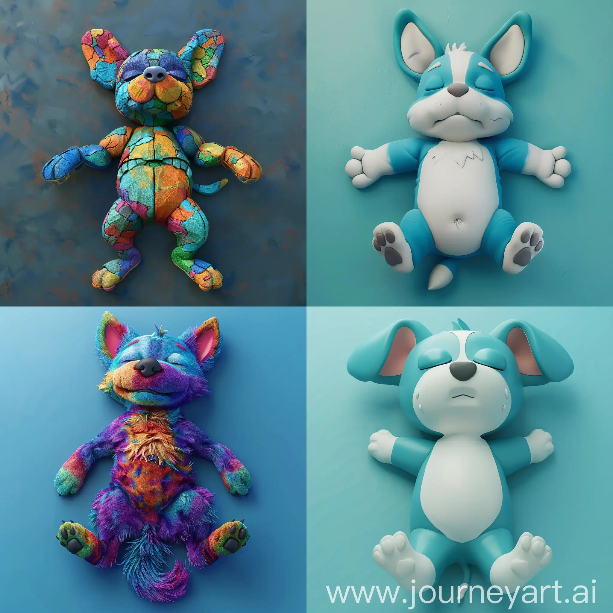 The character Bluey the dog, laying down like dead, eyes closed. 3D colorful. top view