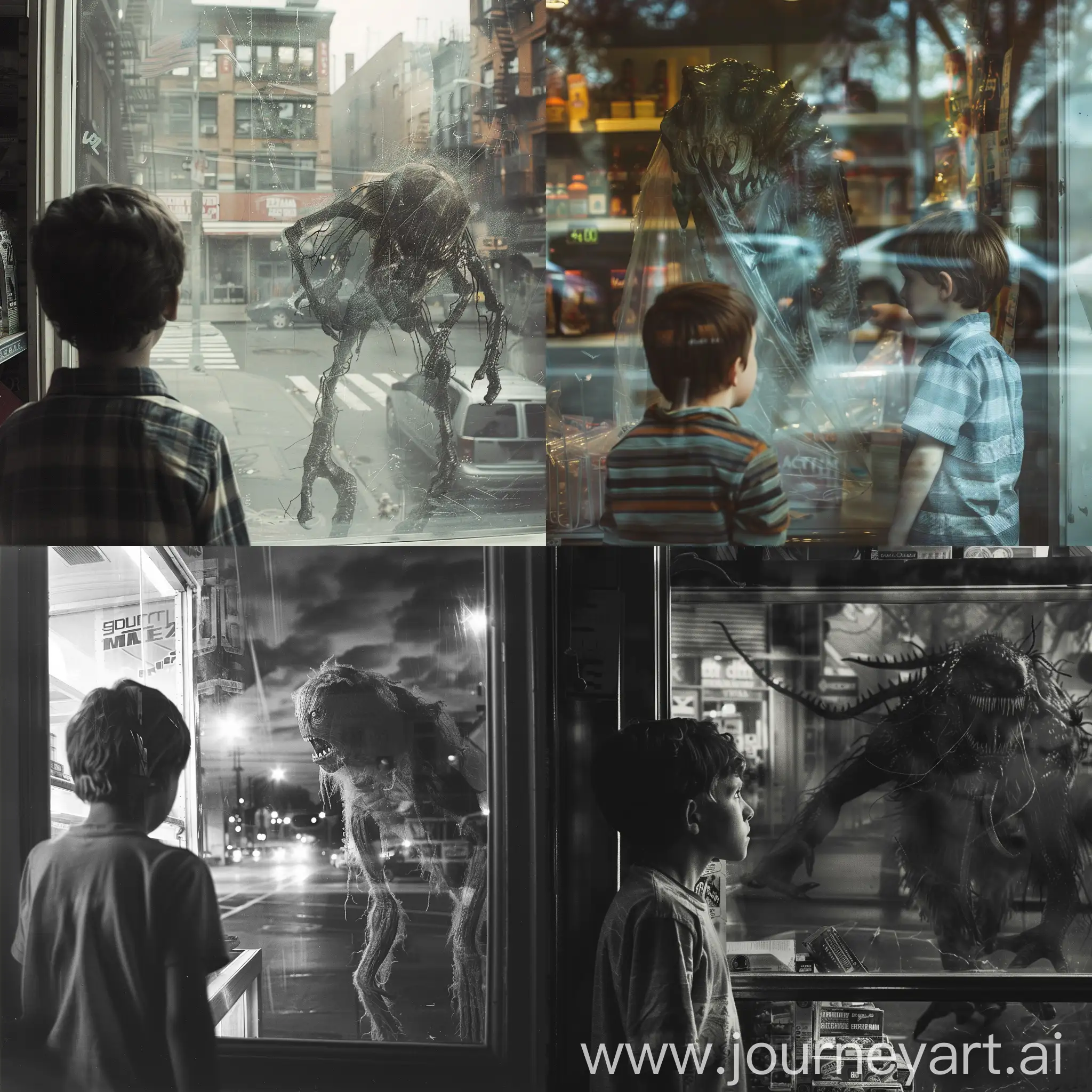 The boy in the store looks at the street through the glass at the creepy creature