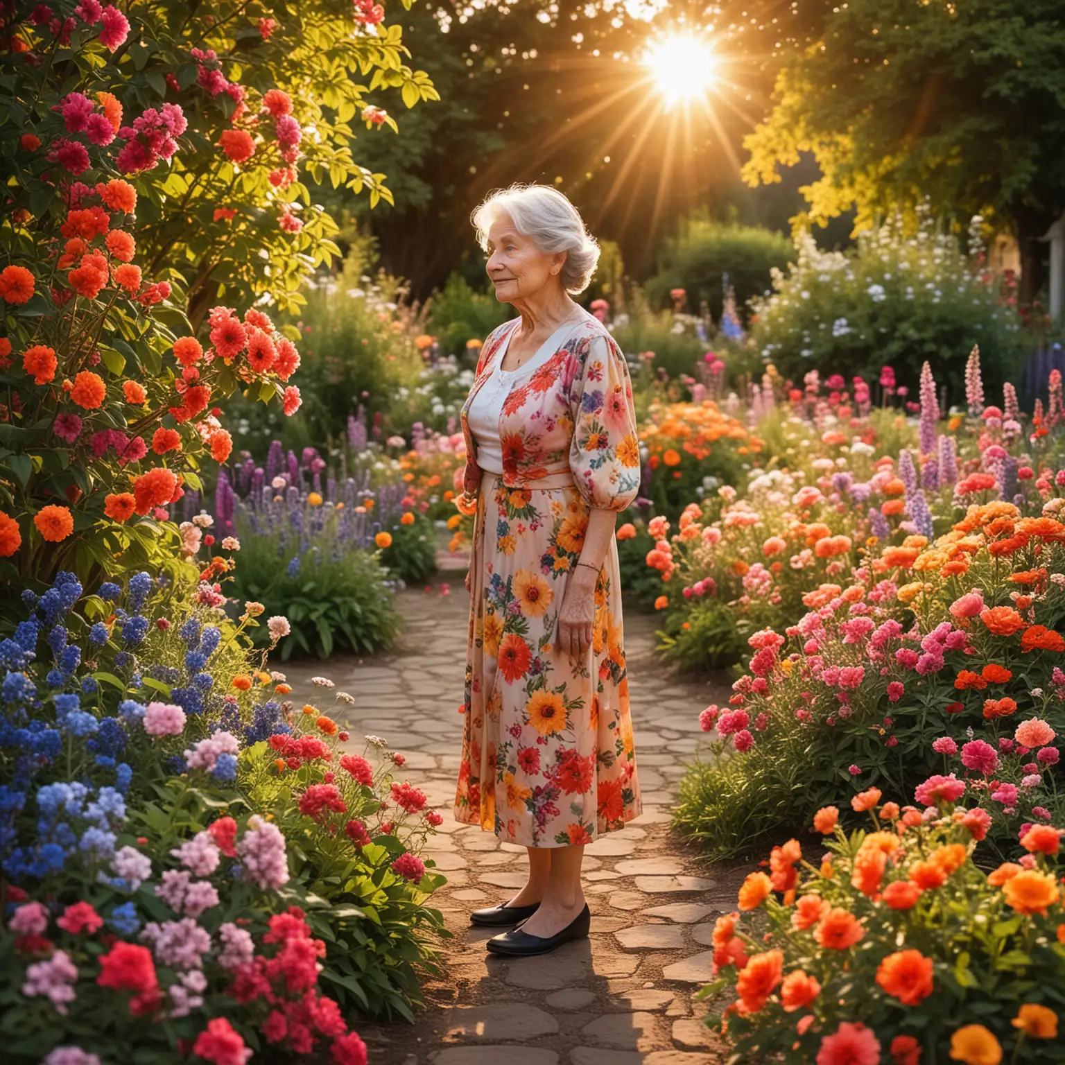 Imagine an elegant elderly woman standing in a garden surrounded by a riot of colorful blooms, with the sun setting in the distance