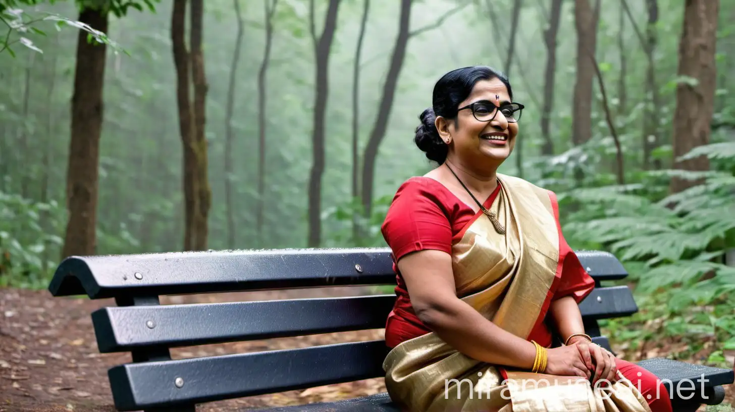 Indian Woman in Golden Saree Smiling in Forest Rain