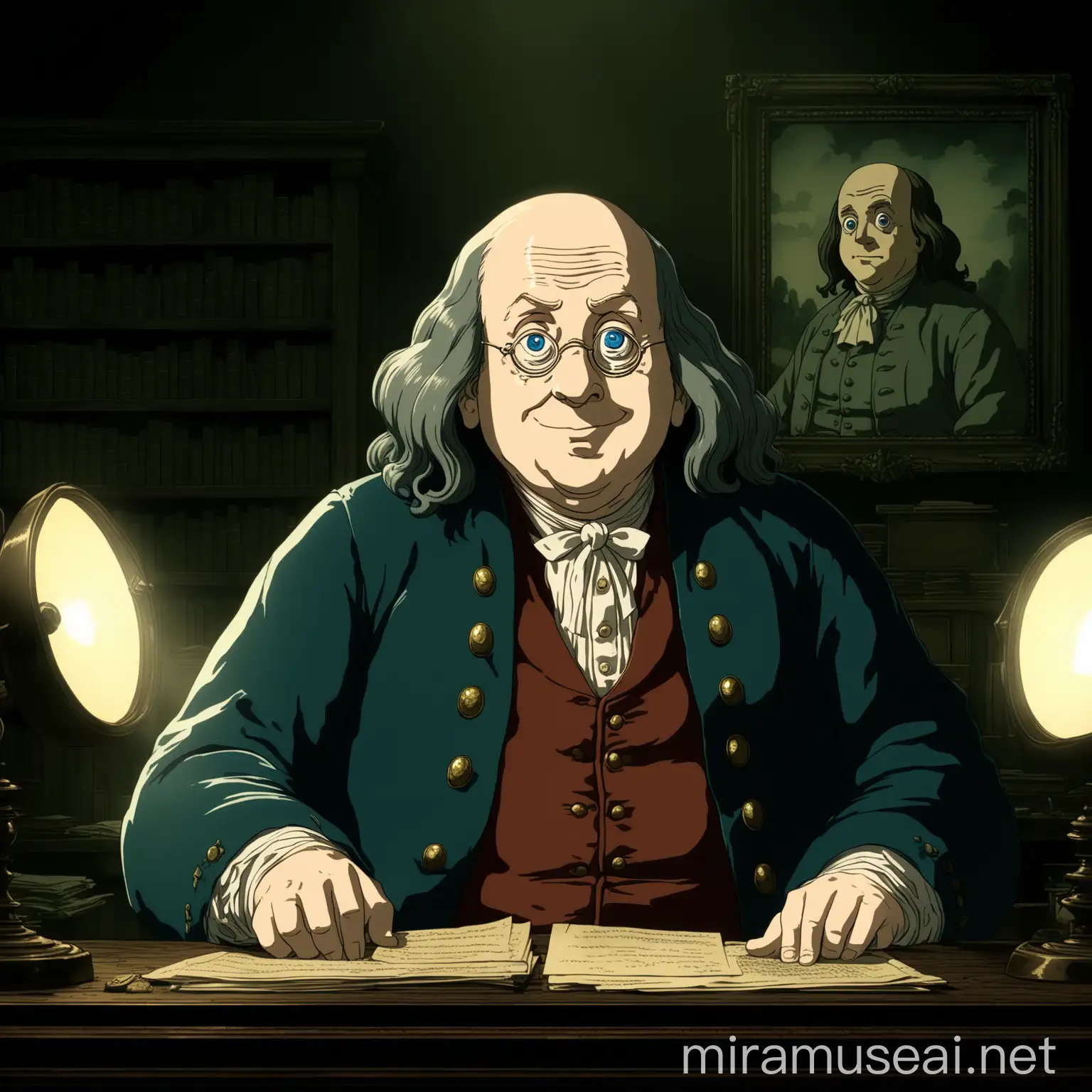 Benjamin Franklin  in Studio Ghibli style, menacing smile, 1700s office setting, detailed features, high quality, Studio Ghibli, detailed facial expression, historical, dramatic lighting, intense gaze, traditional animation, cool color tones, professional, ultra-detailed, detailed eyes, atmospheric lighting