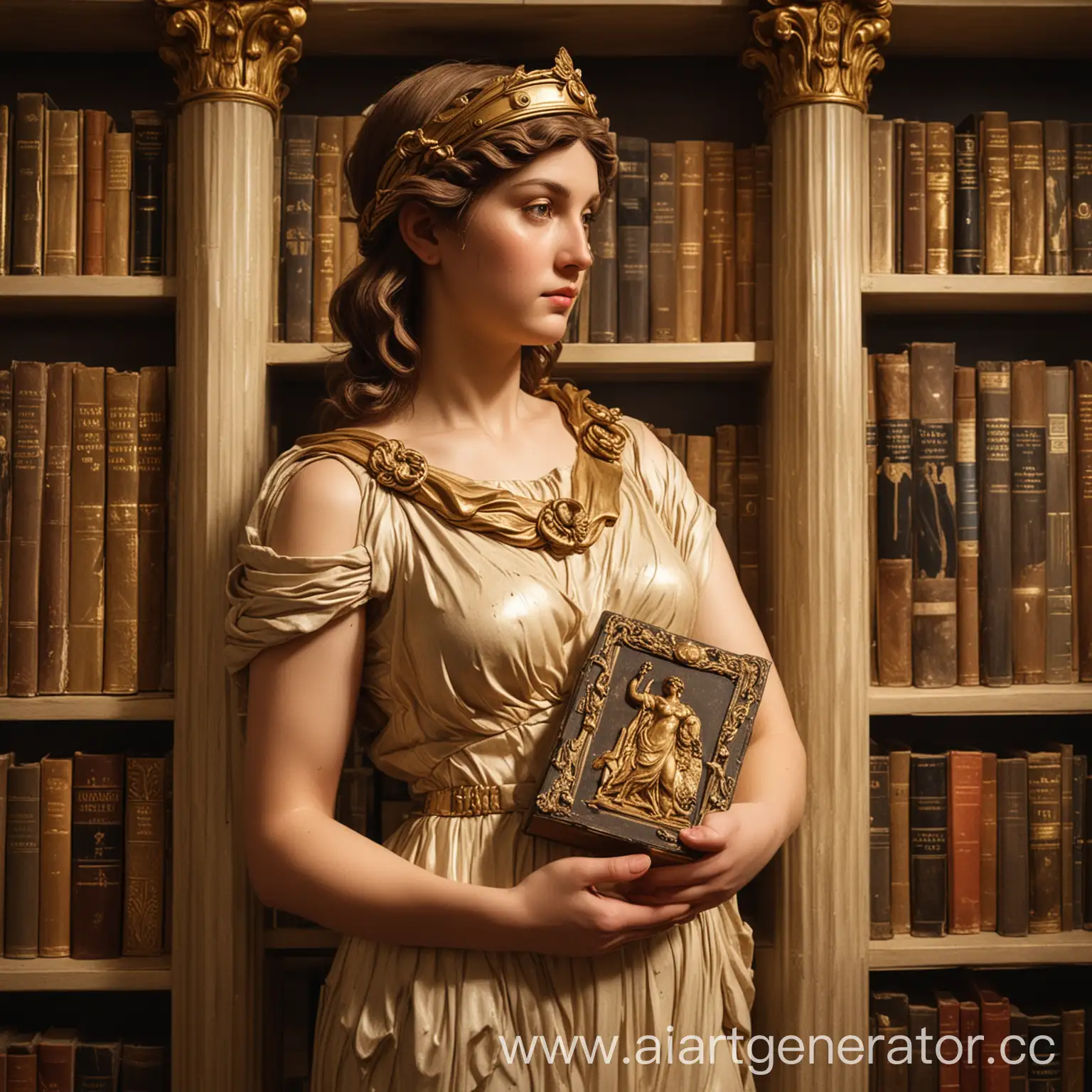 Афина с книгой в руках на фоне книжных шкафов в освещенном зале. Немного золота и золотое пано