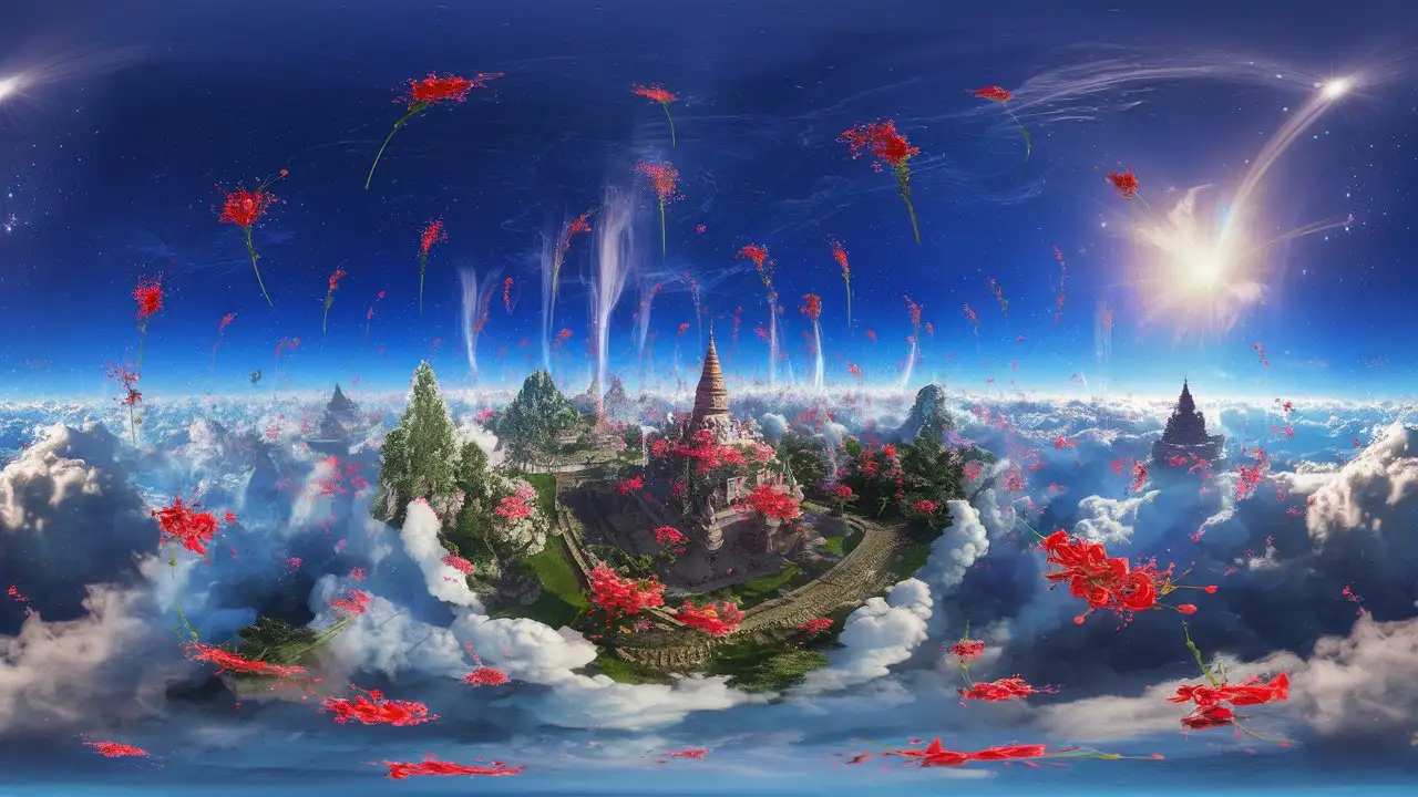 Mystical Hindu Heaven Celestial Sky Red Flower Shower Cinematic Panorama