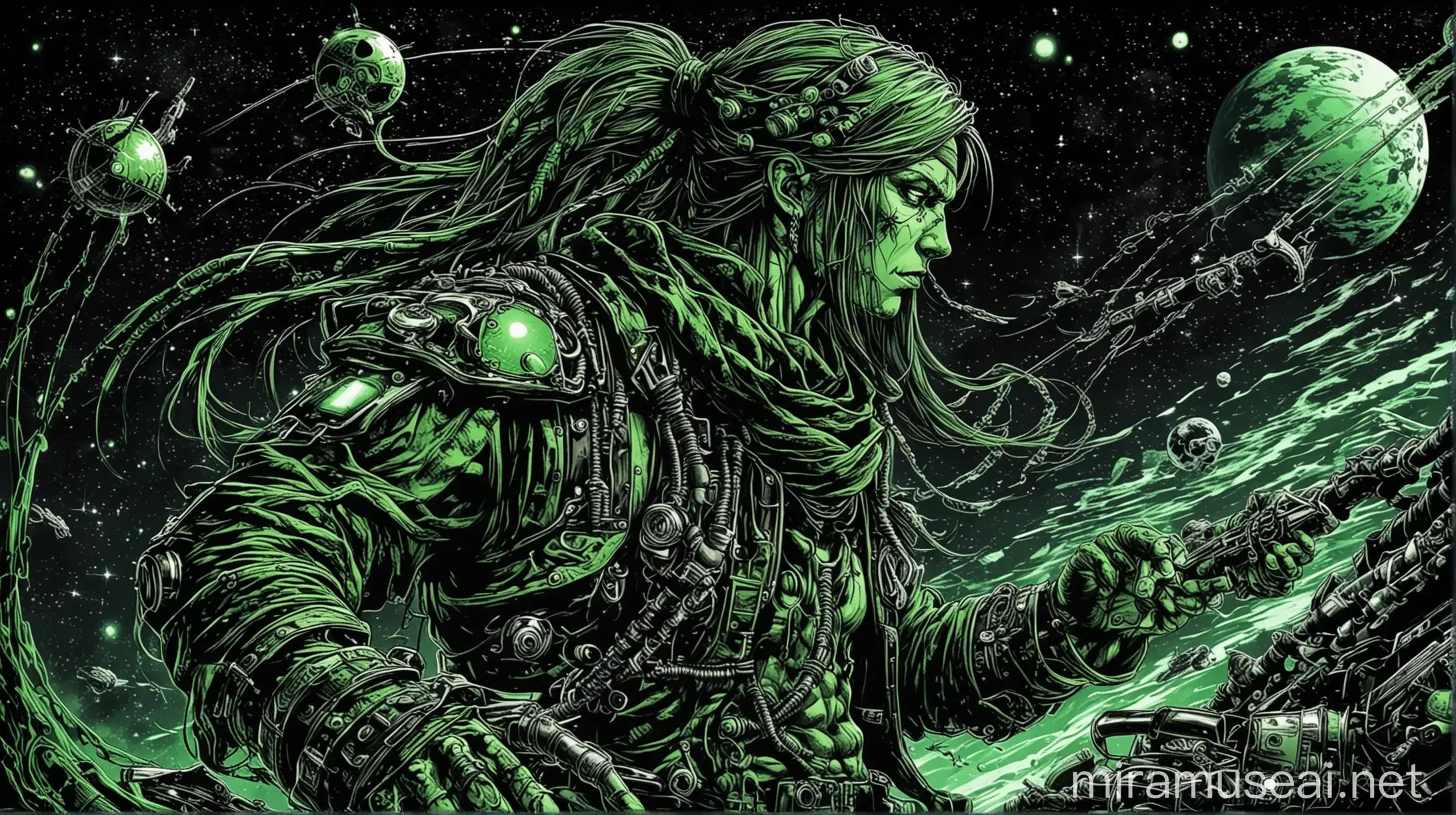 Space Pirate in Green and Black Line Art with Technology