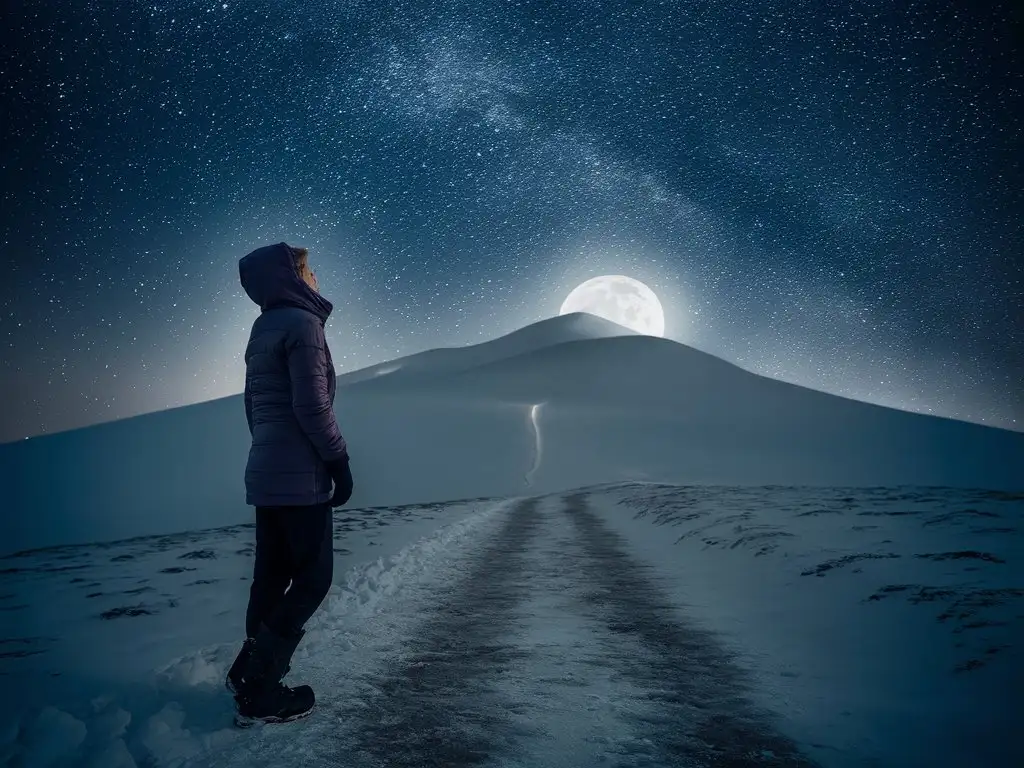 A person standing on a mountaintop at night, looking up at the starry sky, with starlight illuminating the path ahead.