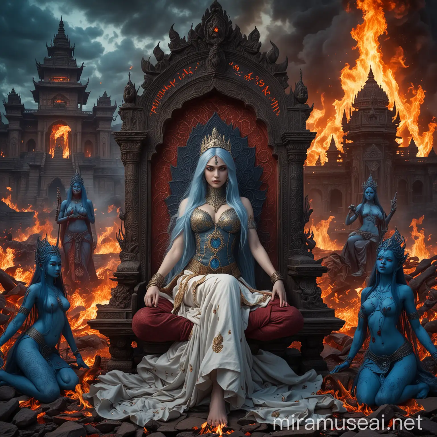 Diosa emperatriz hermosa adolescente de cabellos azules largos y ojos azules vestida como Diosa emperatriz sacerdotisa en combate sentada en un trono demoníaco majestuosa rodeada de fuego y de diosas hindus demoníacas vampiras Sentadas en posición flor de loto rodeadas de fuego, y de fondo un gigantesco palacio hindu tenebroso en medio de un valle tenebroso y la palabra kayashiel emperatriz escrita con letras de fuego 