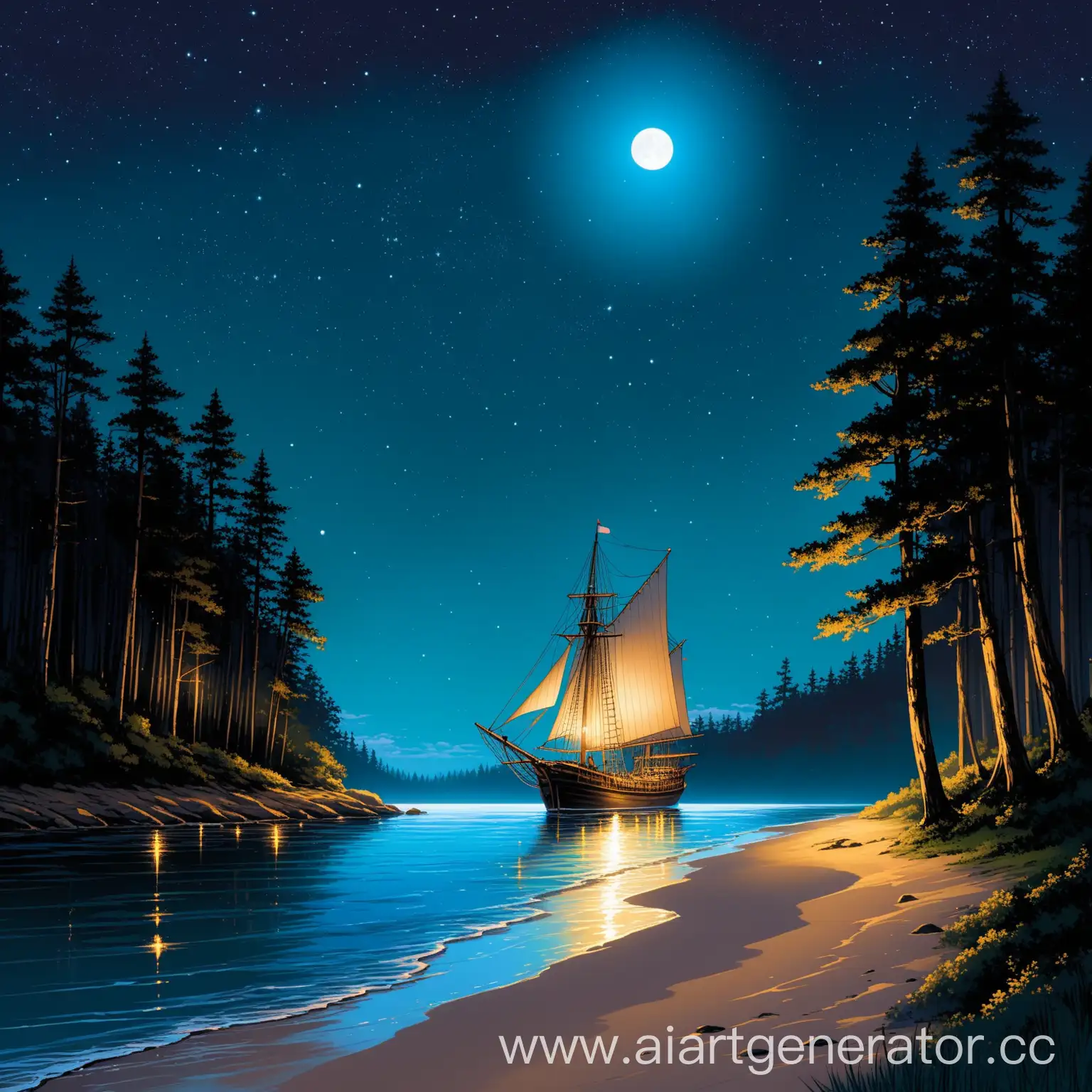 Schooner-Moored-to-Forest-Shore-at-Night