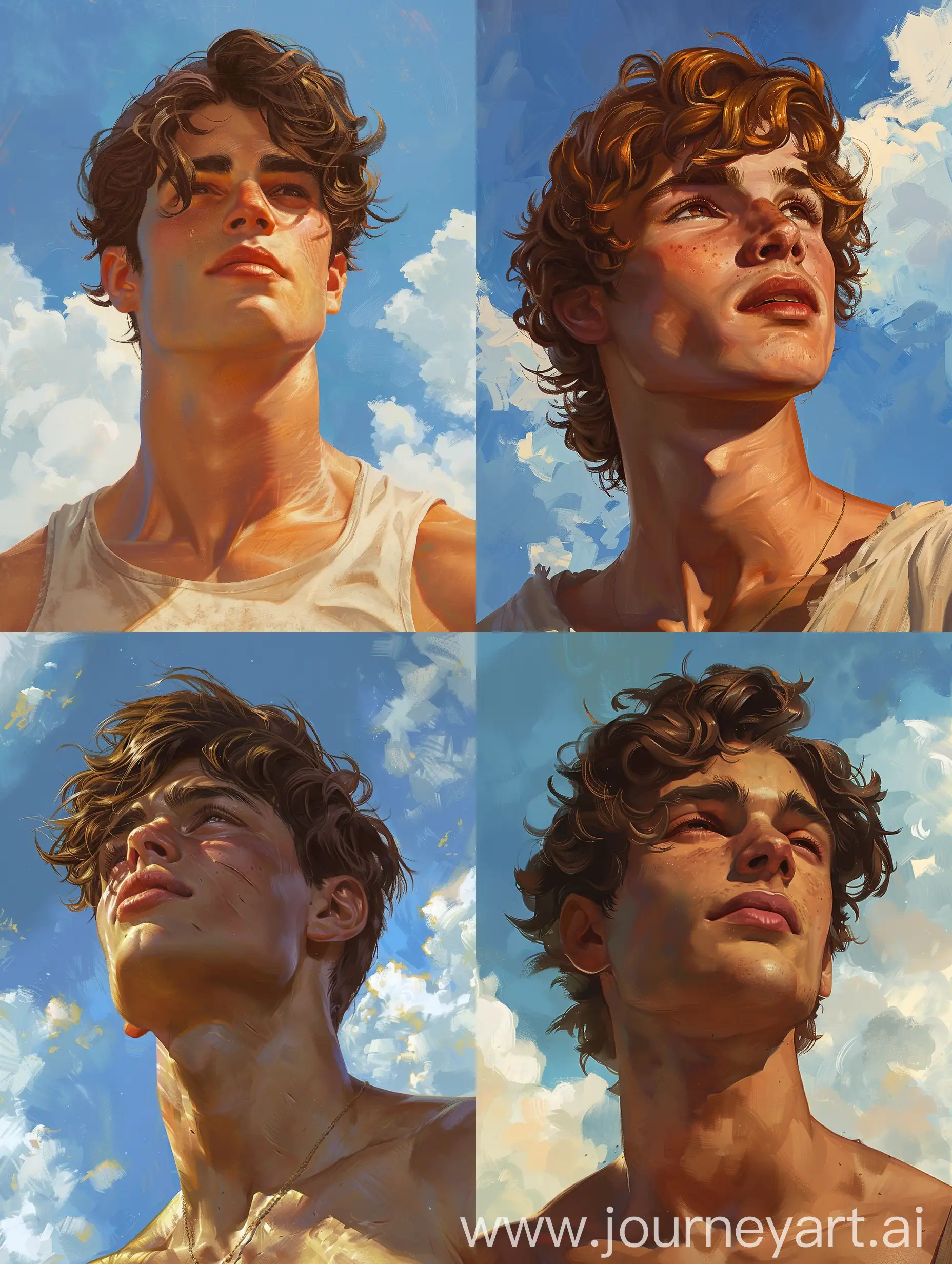 Subject: waist up view a young demigod that appears more god than mortal. Bronze golden brown skin, golden brown hair, brown eyes, youthful and muscular and lean and very handsome.

Background: the open sky.

Color and style and detail: most beautiful artwork in the world, professional majestic oil painting by Ed Blinkey, Atey Ghailan, Studio Ghibli, by Jeremy Mann, Greg Manchess, Antonio Moro, trending on ArtStation, trending on CGSociety, Intricate, High Detail, Sharp focus, dramatic, photorealistic painting.

@planet.ai, visually striking composition.

--Alpha V6.5 -- wallpaper -- @illustrationai -- Raw painting style -- MIDJOURNEY -- Stable DIFFUSION -- stylize no 7088