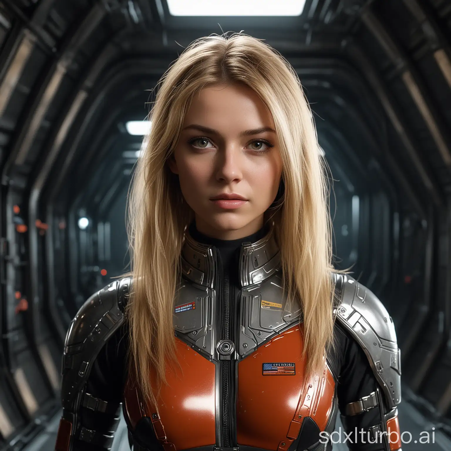 three-quarter close-up portrait, stunningly beautiful young girl, slender athletic figure, stunning face, (expressive and deep [symmetrical eyes] ), frowning and innocent expression, (long [natural blond] hair)    | ([maximum detailed sci-fi engineering suit : 90's sci-fi TV series style : Battlestar Galactica style : armor protection elements | maximum detailed sci-fi engineering Lexx style | (intricately detailed:1. 2) ((glossy elements) ) combat sci-fi jumpsuit in the style of Battlestar Galactica : 24])   | (intricately detailed sci-fi spaceship interior in the style of Battlestar Galactica [((intricately detailed sci-fi metal spaceship corridor) ) : photorealistic style sci-fi series of the 90s : deep space], oppressive and contrasting background:1. 3) , (in semi-darkness)   , backlighting from inside, dramatic expressive background, gloomy horror crushing atmosphere | cinematic shot photographed from below with Canon EOS 5D Mark IV DSLR, aperture f/8, shutter speed 1/250 sec, ISO 100 | super detailed, hyper photorealistic, (12K, UHD, super resolution, Rembrandt lighting)  , textures of natural reflections, cinematic lighting