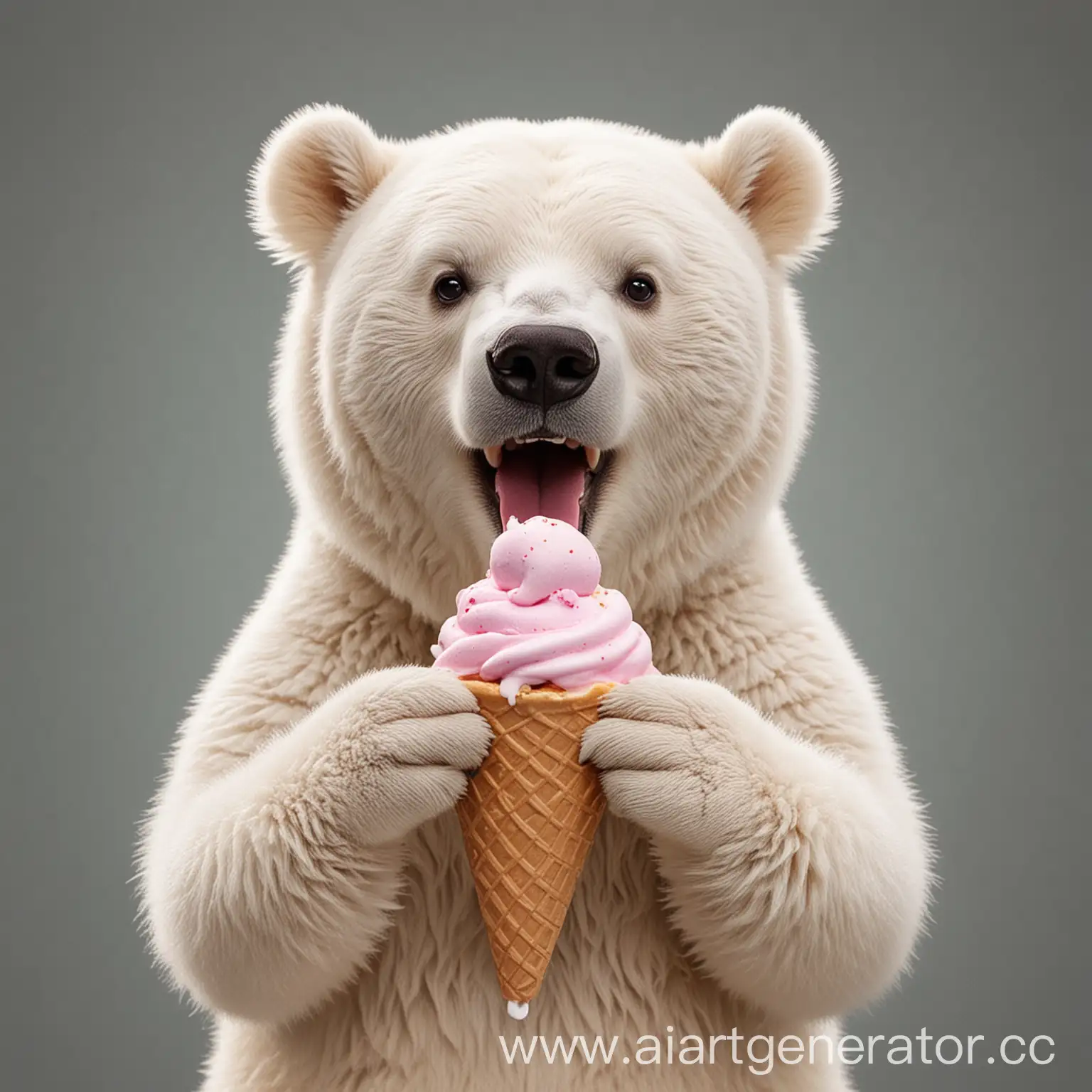 Белый медведь ест мороженное в стаканчике и улыбается 
