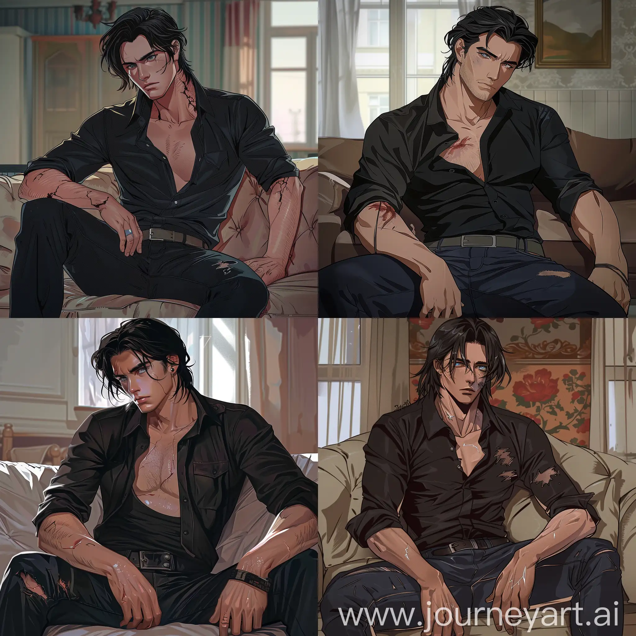 Cinematic portrait illustration of an attractive middle-aged man in anime style. He is elegantly sitting on a sofa, wearing black jeans and a black shirt with rolled up sleeves, top buttons of which are unbuttoned, his medium-length silky black hair is parted in the middle, he has a pale skin, light blue tired eyes, chiseled face with sharp features and no facial hair, a scar goes down on his left cheek, he has a strong muscular body with broad shoulders and big buff pecs, his beefy arms with protruding veins are covered with scars, he has a cold gloomy expression on his face, looking away in thoughts, overall he looks neat and stylish, radiating an aura of dominant rich man, 90s aesthetic background of a soviet room, anime artstyle illustration, close up shot, high quality image