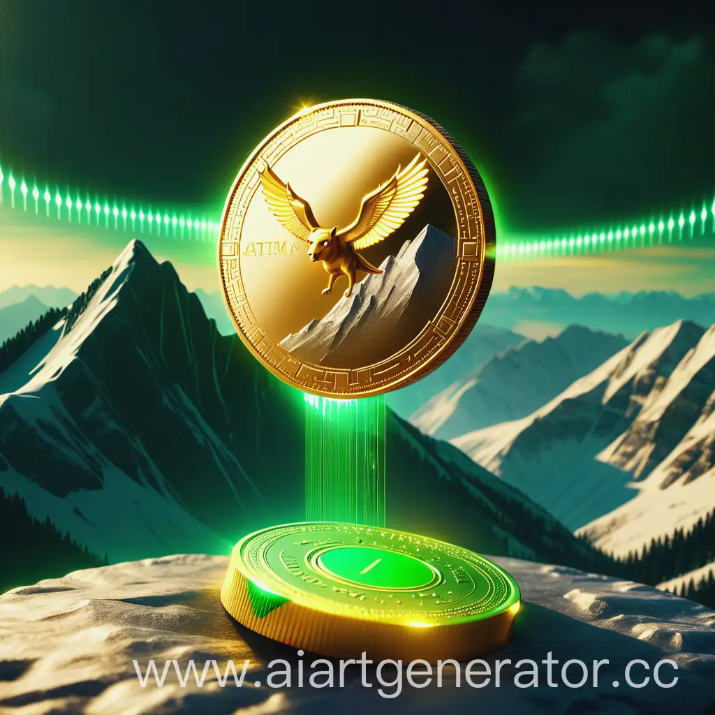 Enchanting-Golden-Coin-with-Green-Microchip-Soars-Above-Majestic-Mountains