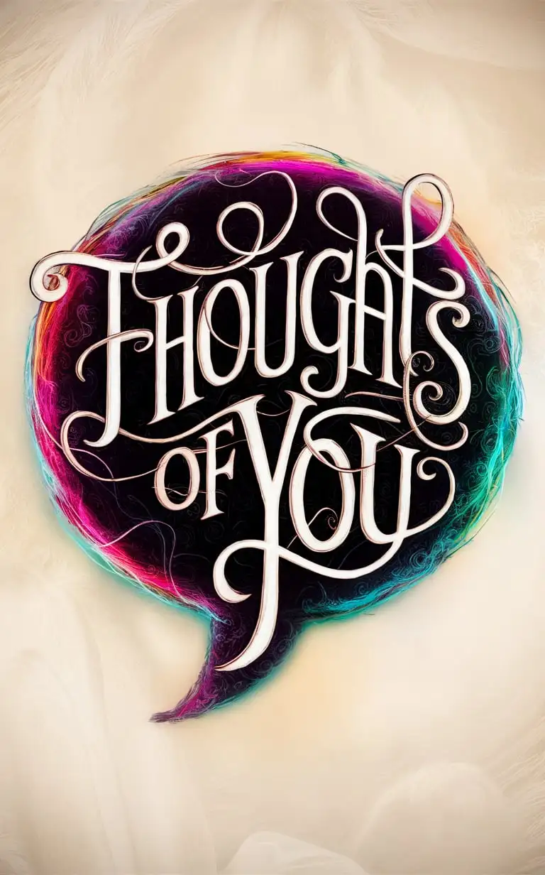 "Thoughts of you" In typography for an oracle deck cover image. Have a solid-colored cream-colored background with a colorful speech bubble with the text inside of the center of the bubble.