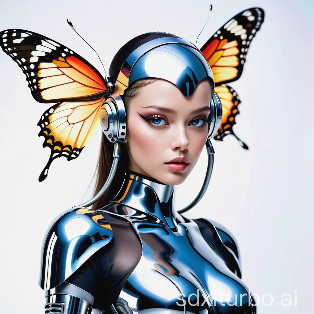 a futuristic robot model wearing metal avant-garde high fashion clothing, butterfly robot concept, fashion magazine cover, Hajime Sorayama, futuristic