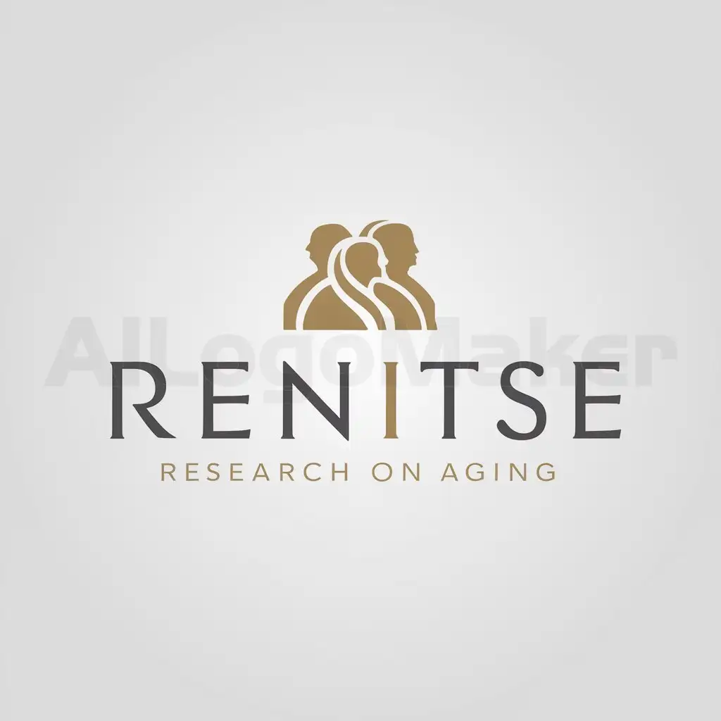 a logo design,with the text "RENITSE", main symbol:logo group of research on aging that includes the silhouette of two elderly persons in gold color.,Minimalistic,be used in Nonprofit industry,clear background