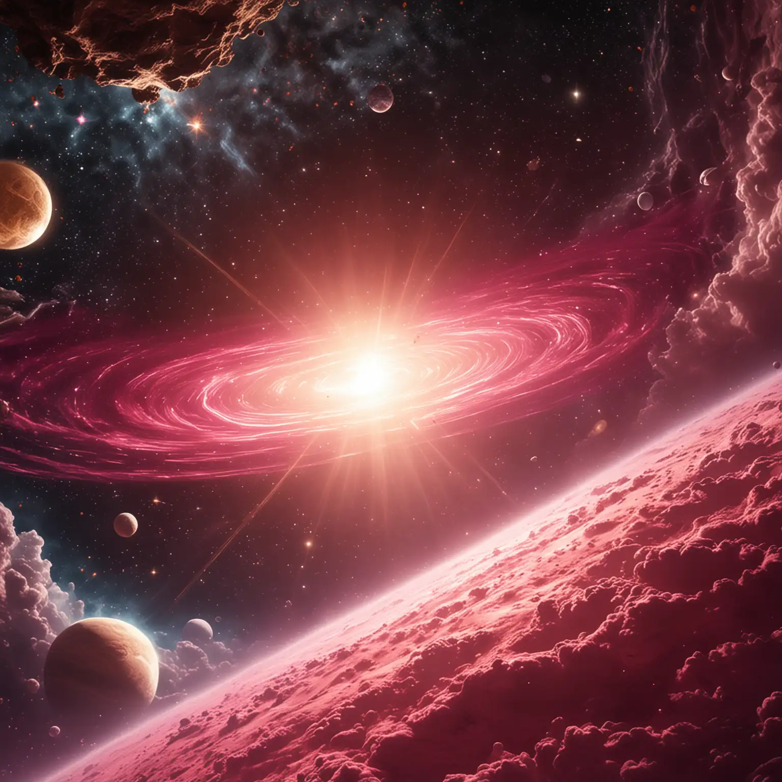 create an image that depicts outer space effects and gold and pink light effects