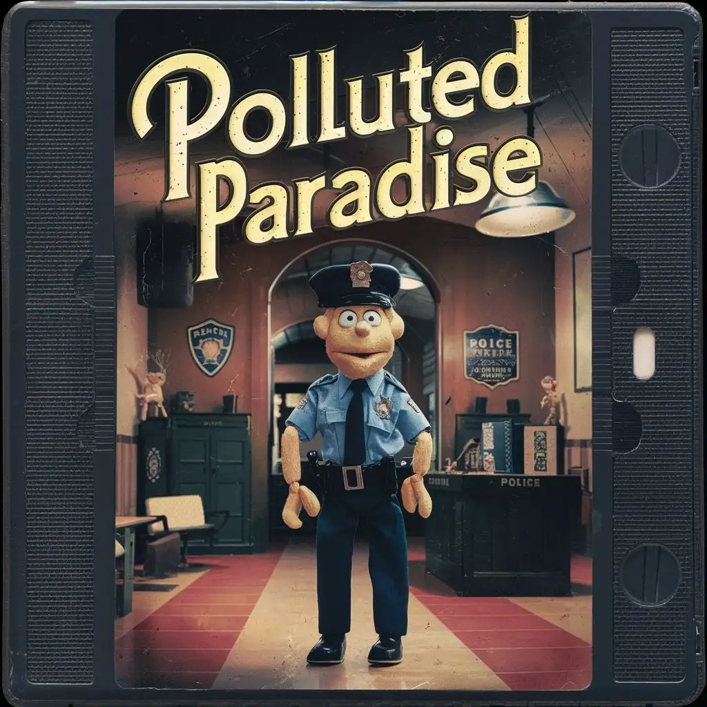 vhs кассета с логотипом старого телевизионного шоу polluted paradise про марионеток с главным героем марионеткой полицейским в полицейском участке