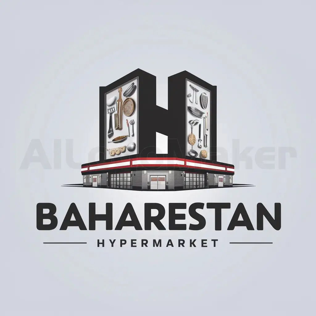 a logo design,with the text "Baharestan", main symbol:Big hypermarket named baharestan that sell anything that in kitchen we used,Moderate,clear background
