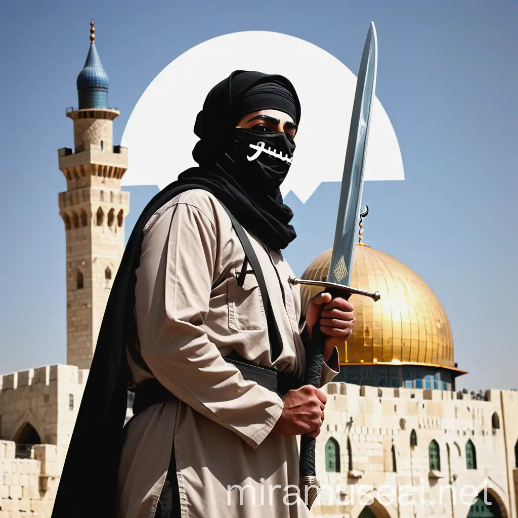 Strong Muslim Warrior with Sword in Front of Jerusalem Palestine