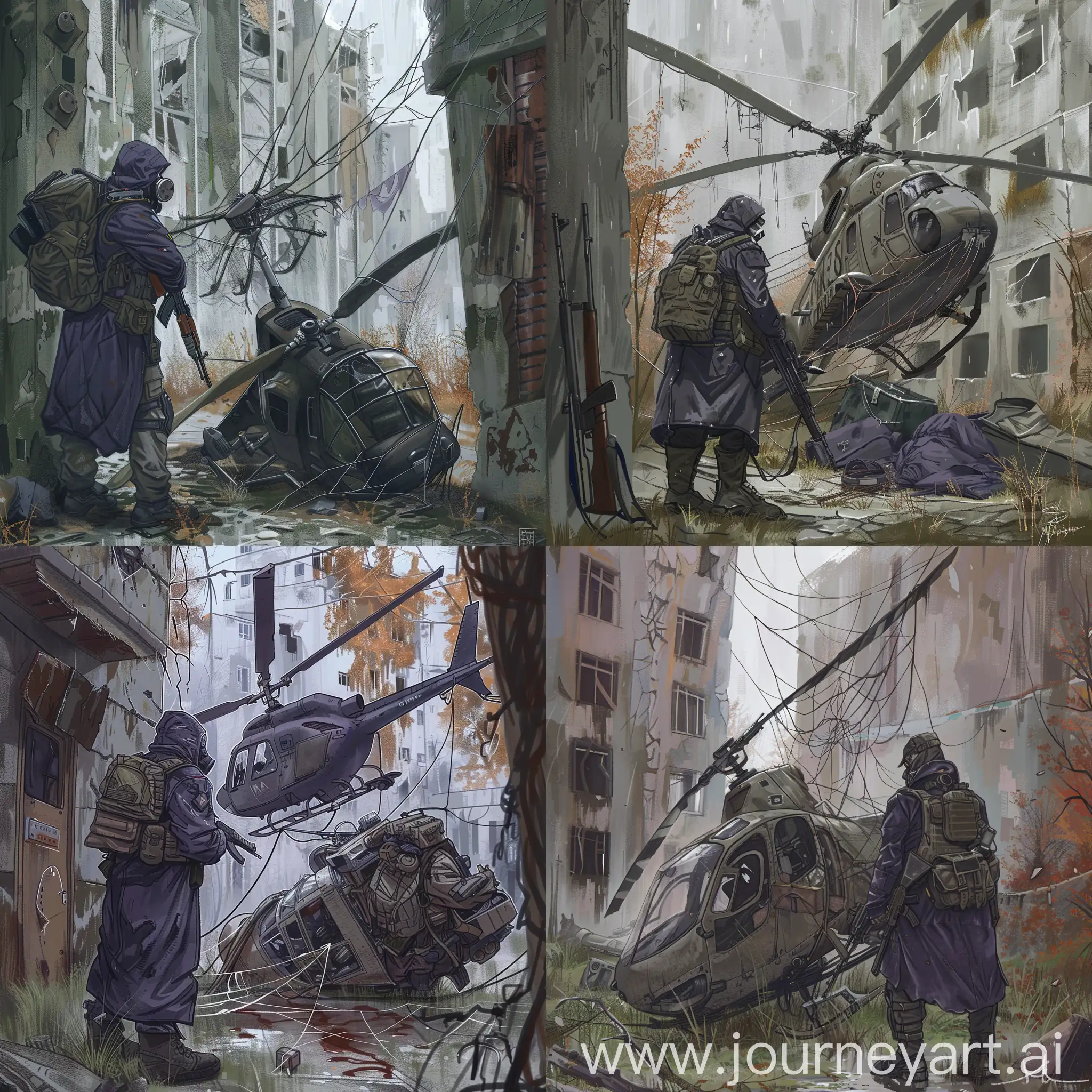 Digital  art, mercenary from the universe of S.T.A.L.K.E.R., dressed in a dark blue military raincoat, gray military armor on his body, a gasmask on his face, a military backpack on his back, a rifle in his hands, mercenary stands next to a crashed military helicopter that is entangled in a strange web between two Soviet abandoned buildings, Chernobyl, gloomy autumn.