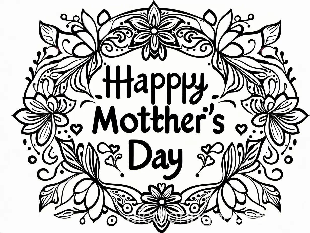 Mother's Day floral decorated mandala with woman in the center, ribbon with text: "Happy Mother's Day" at the bottom. Coloring Page, black and white, line art, white background, Simplicity, Ample White Space. The background of the coloring page is plain white , Coloring Page, black and white, line art, white background, Simplicity, Ample White Space. The background of the coloring page is plain white to make it easy for young children to color within the lines. The outlines of all the subjects are easy to distinguish, making it simple for kids to color without too much difficulty