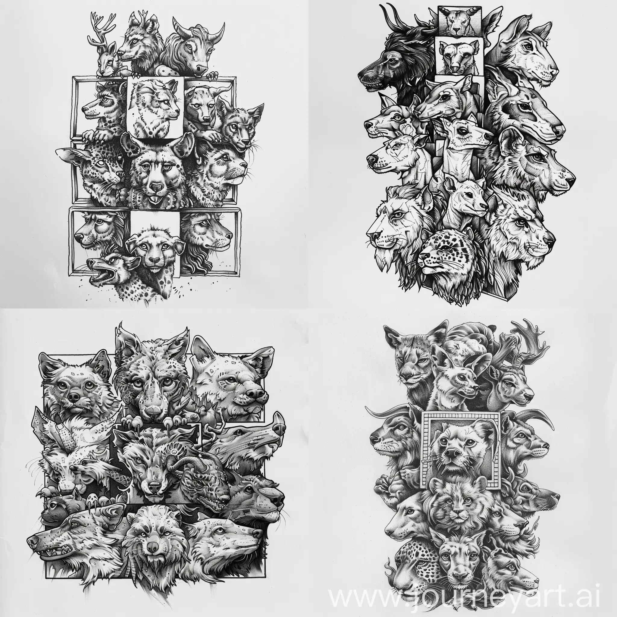 Monochrome-Tattoo-Sketch-Stacked-Animal-Totems-with-Square-Heads