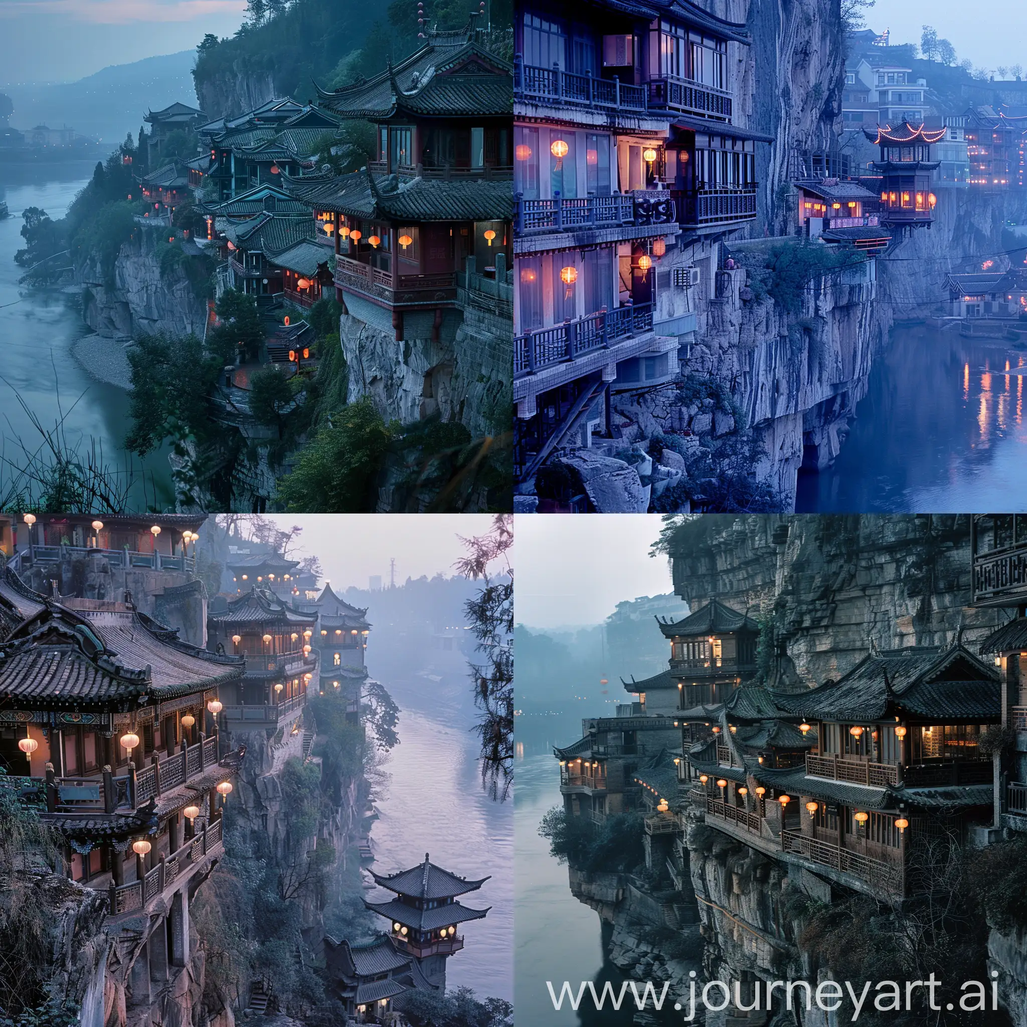 Dusk-Serenity-Suspended-Chinese-Architecture-Along-Riverbank