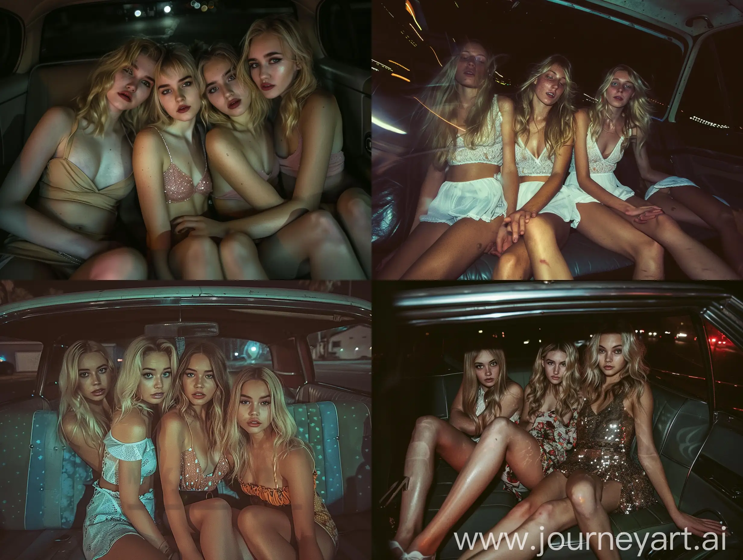 4 girls, 22 years old, blonde hair, , invisible dress, makeup,  inside car, , no effects, no filters, at night,, escuro, flash, flash light, natural , iphone photo natural, fat legs