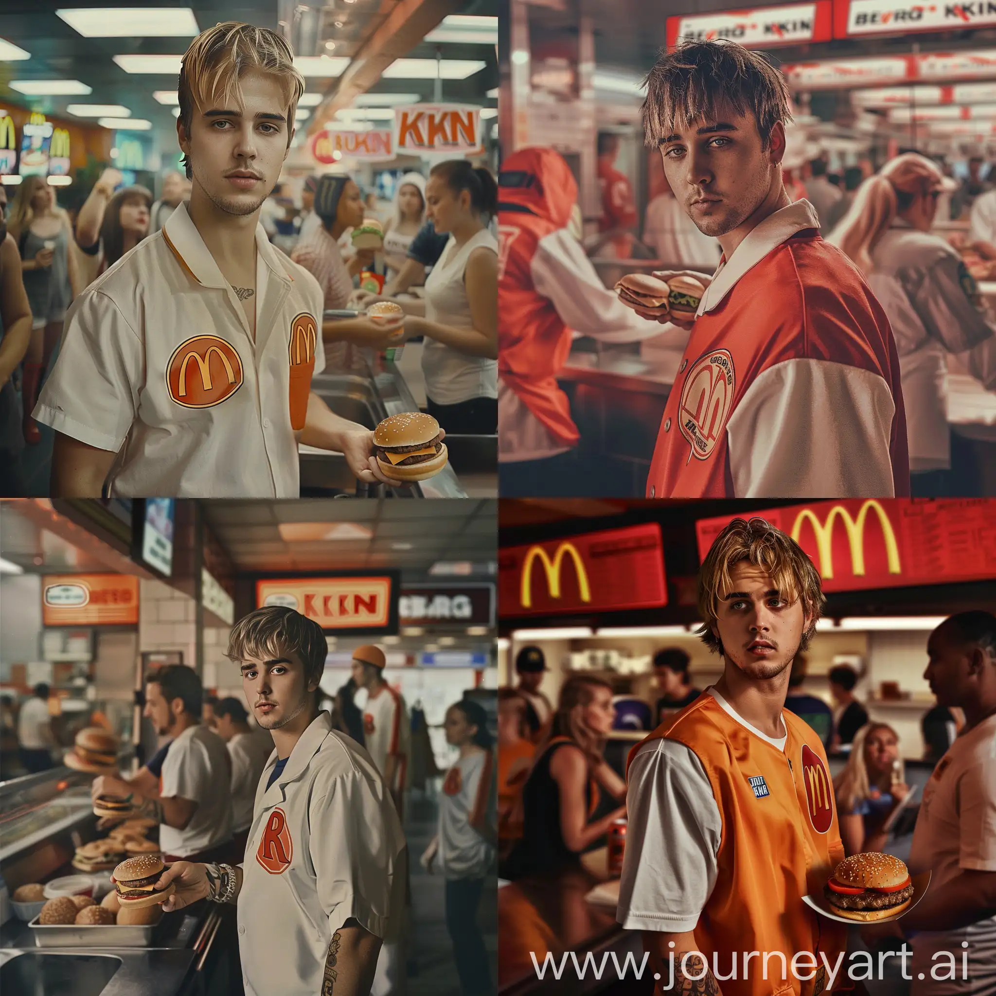 A hyperrealistic photograph of Justin Bieber in a Burger King uniform, serving burger customer, captured in a cinematic shot that perfectly captures the hustle and bustle of a busy fast food restaurant,