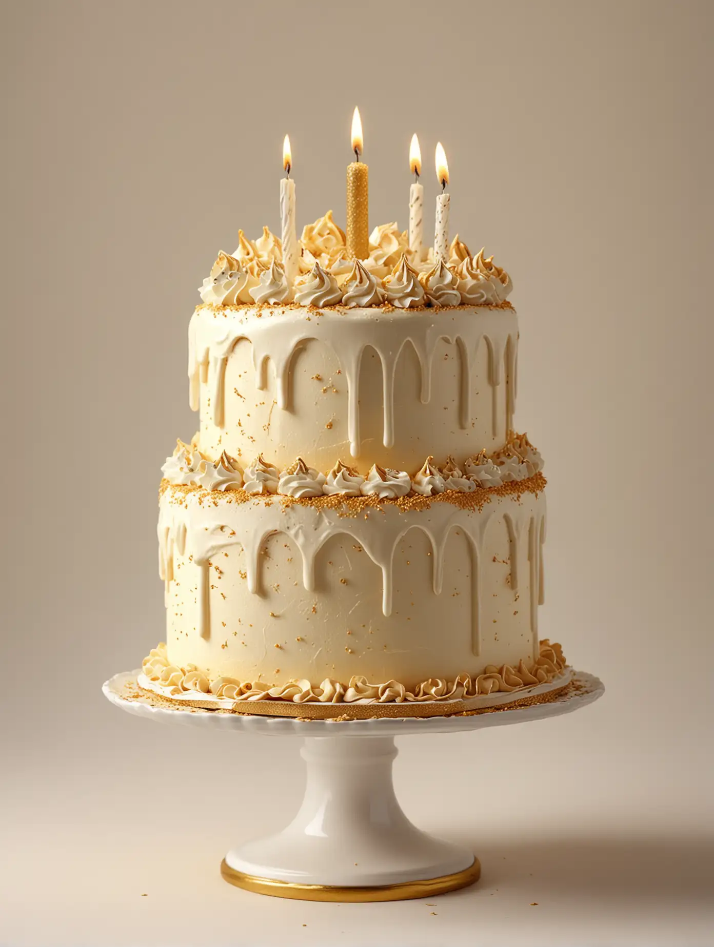 Elegant DoubleLayer Birthday Cake with Golden Cream on Plain Background 4K HD