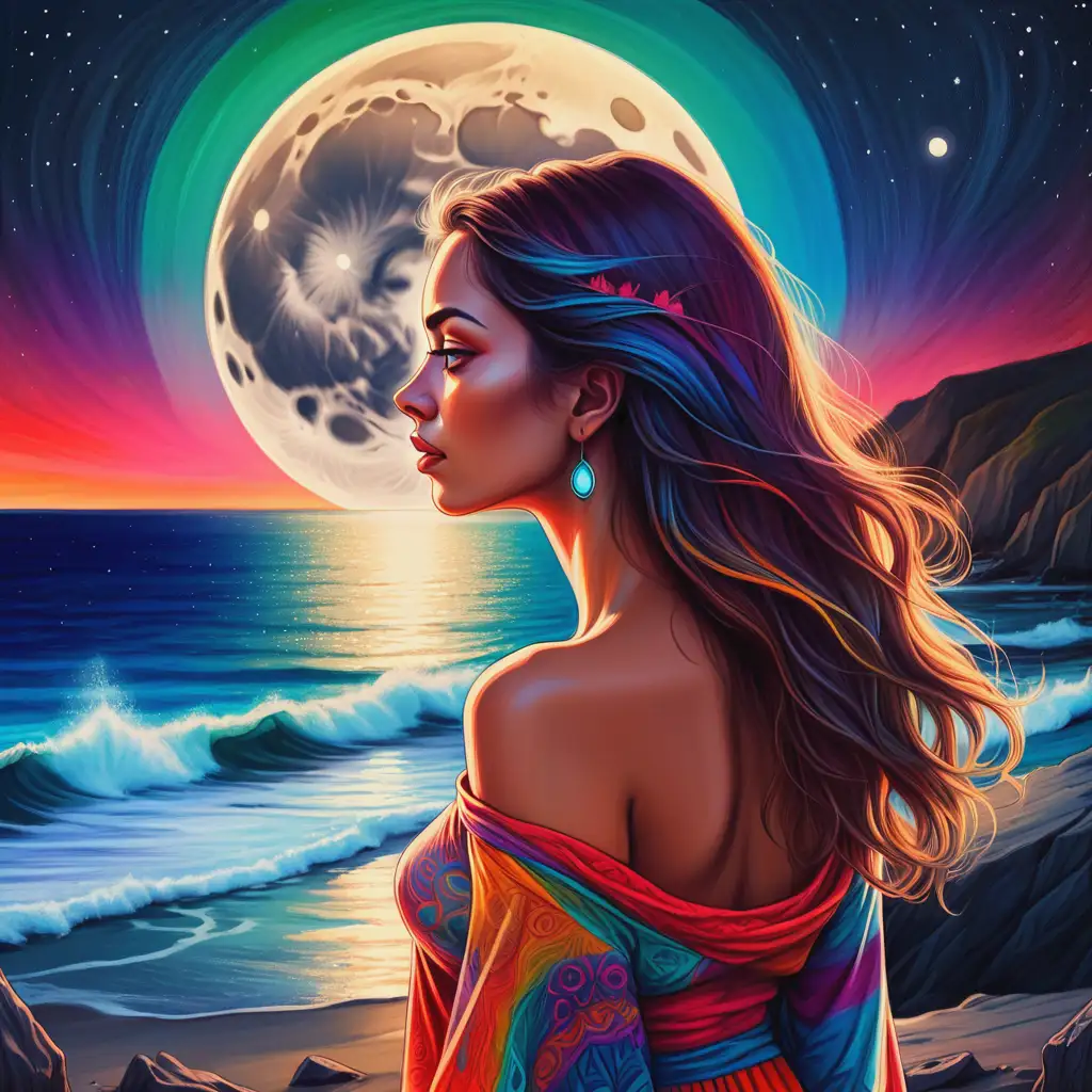 colorful drawing of beautiful woman looking to the ocean with ritual space, full moon in background