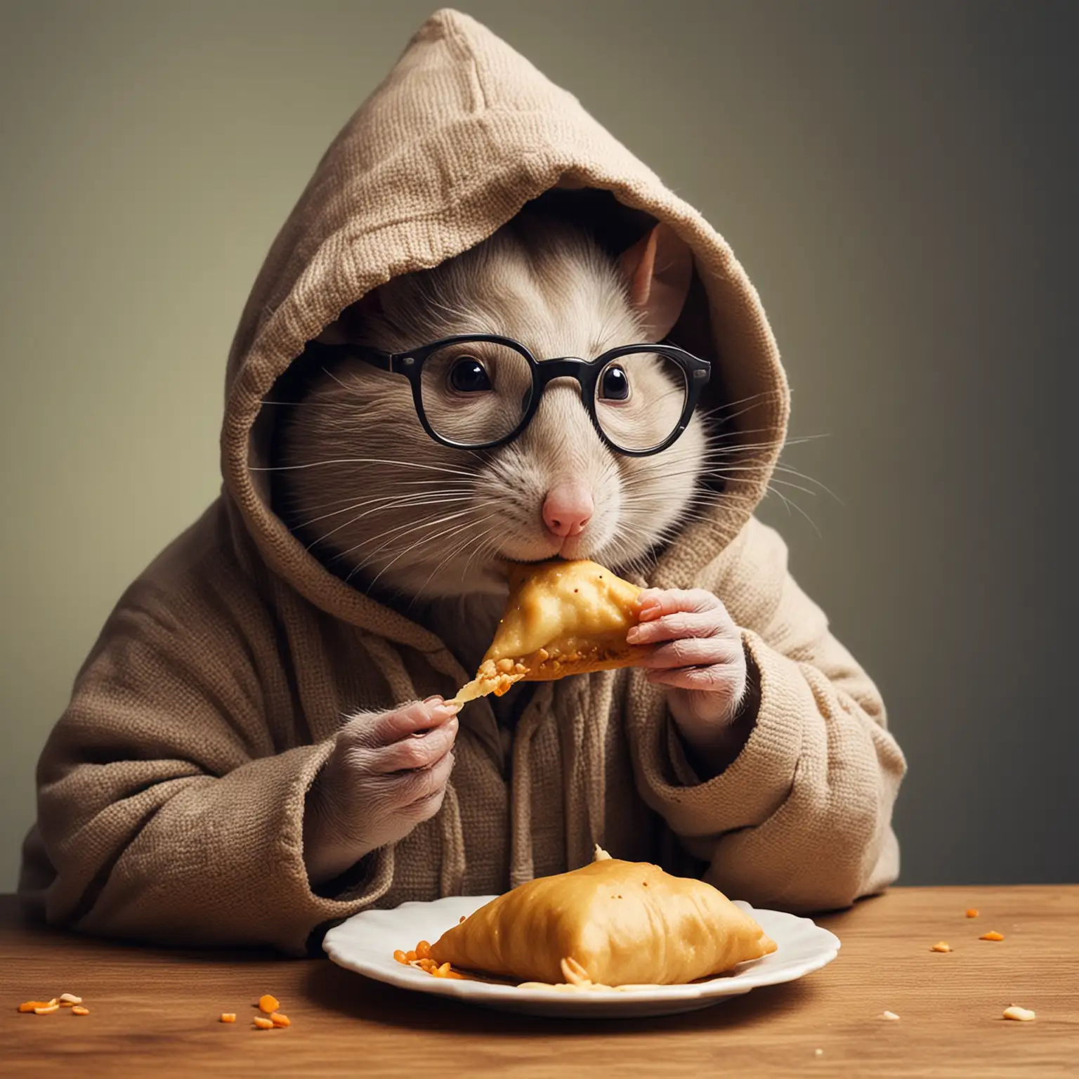 A rat in a hoody wearing glasses  eating samosa