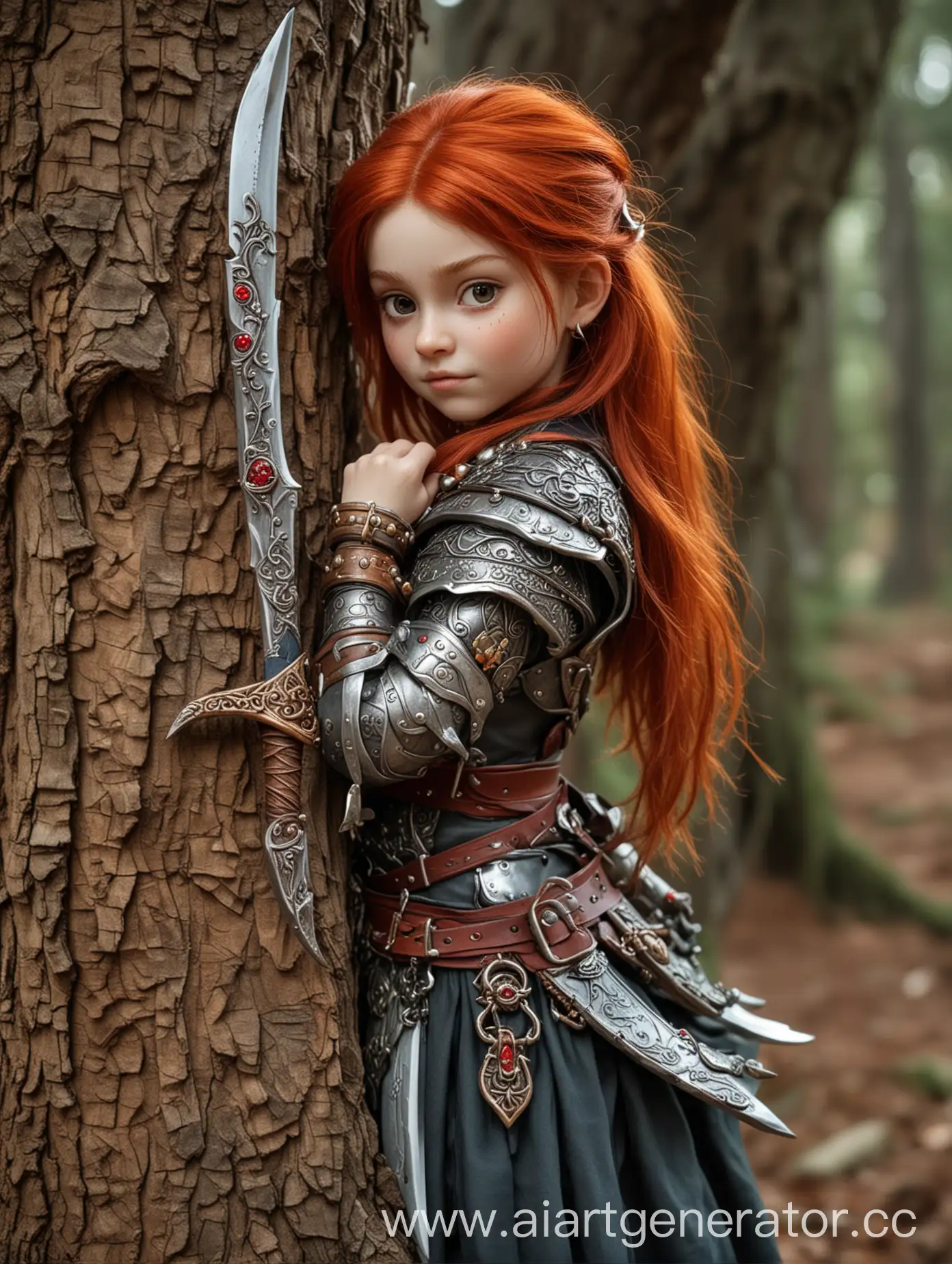 девочка полурослик, с рыжими волосами, за спиной скимитар, на шее амулет - дерево, 