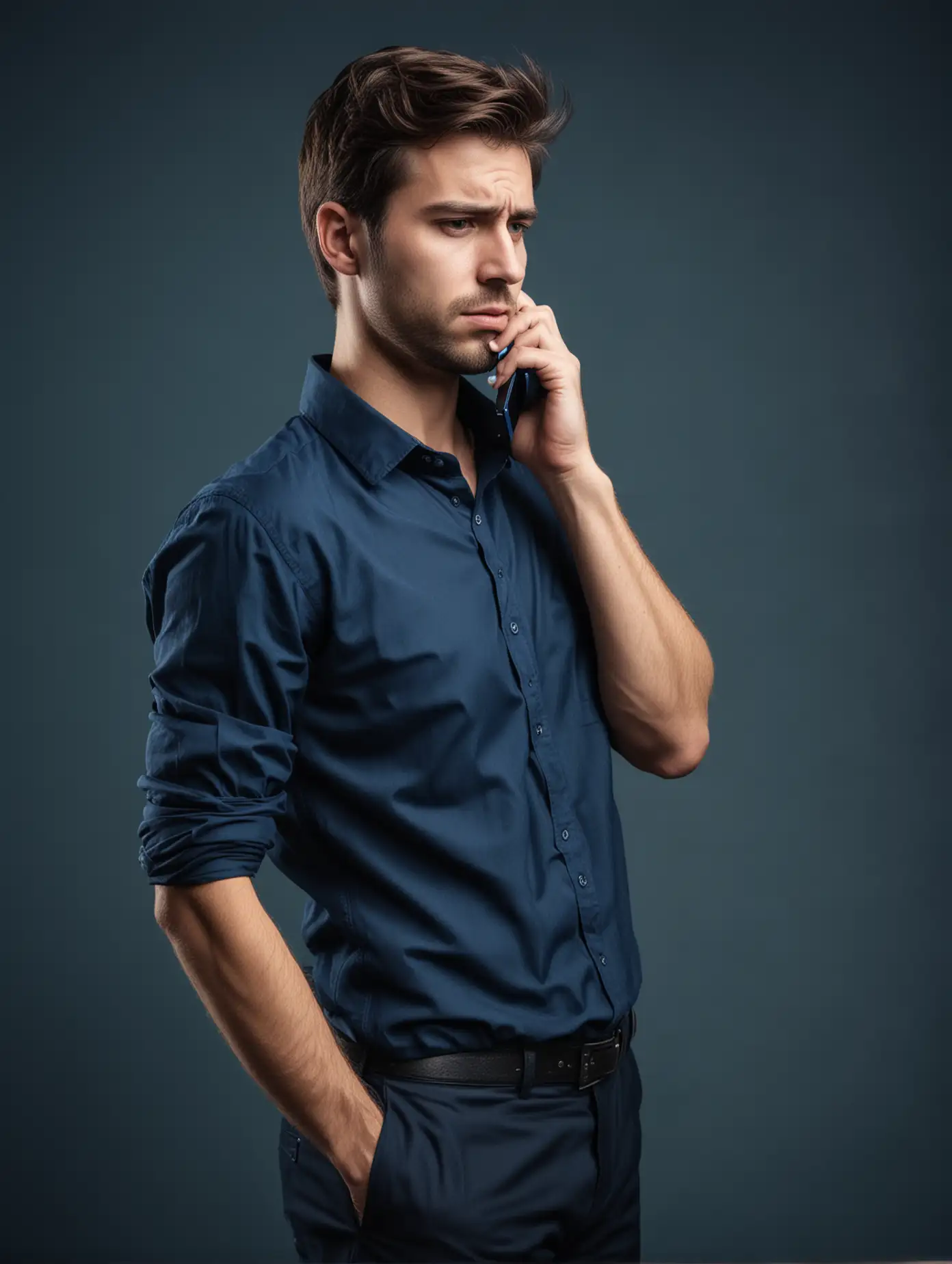 Unhappy Casual Sales Rep Calling on Mobile Phone in Dark Blue Setting