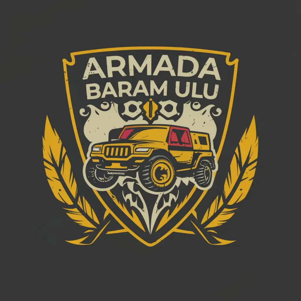 a logo design,with the text ARMADA BARAM ULU, MSSR ZBU main symbol: SHIELD, OFFROAD, SPORTS, MUDDYTRUCK FEATHERS Moderate,be used in BLACK, RED, YELLOW background