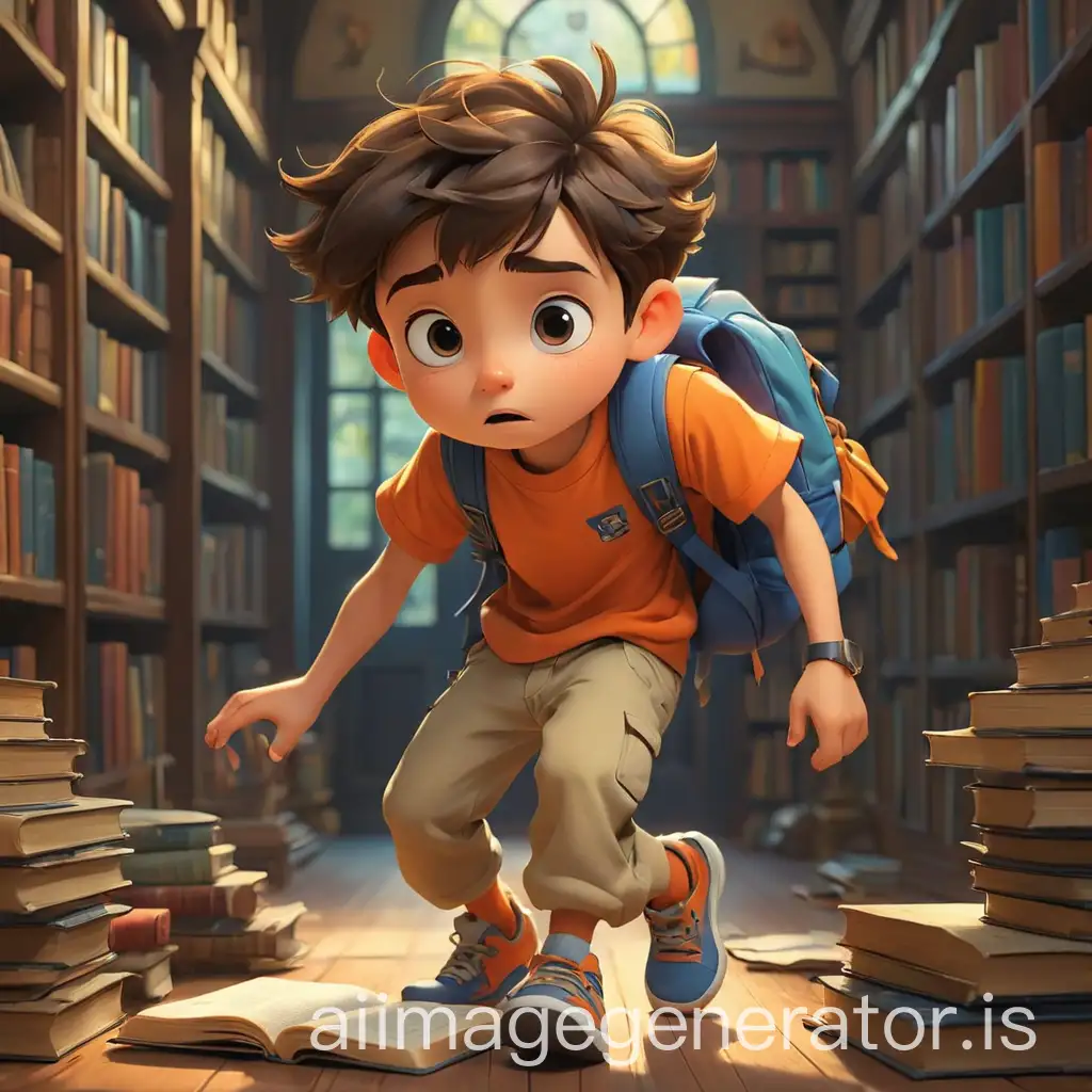 in a libary with dust old book a boy in
               
vibrant colors cartoon type not realism in a story book comic vibes
a boy with the 
 wearing orange shirl plue pant and bule backpack clock is small buy poisition side ways

