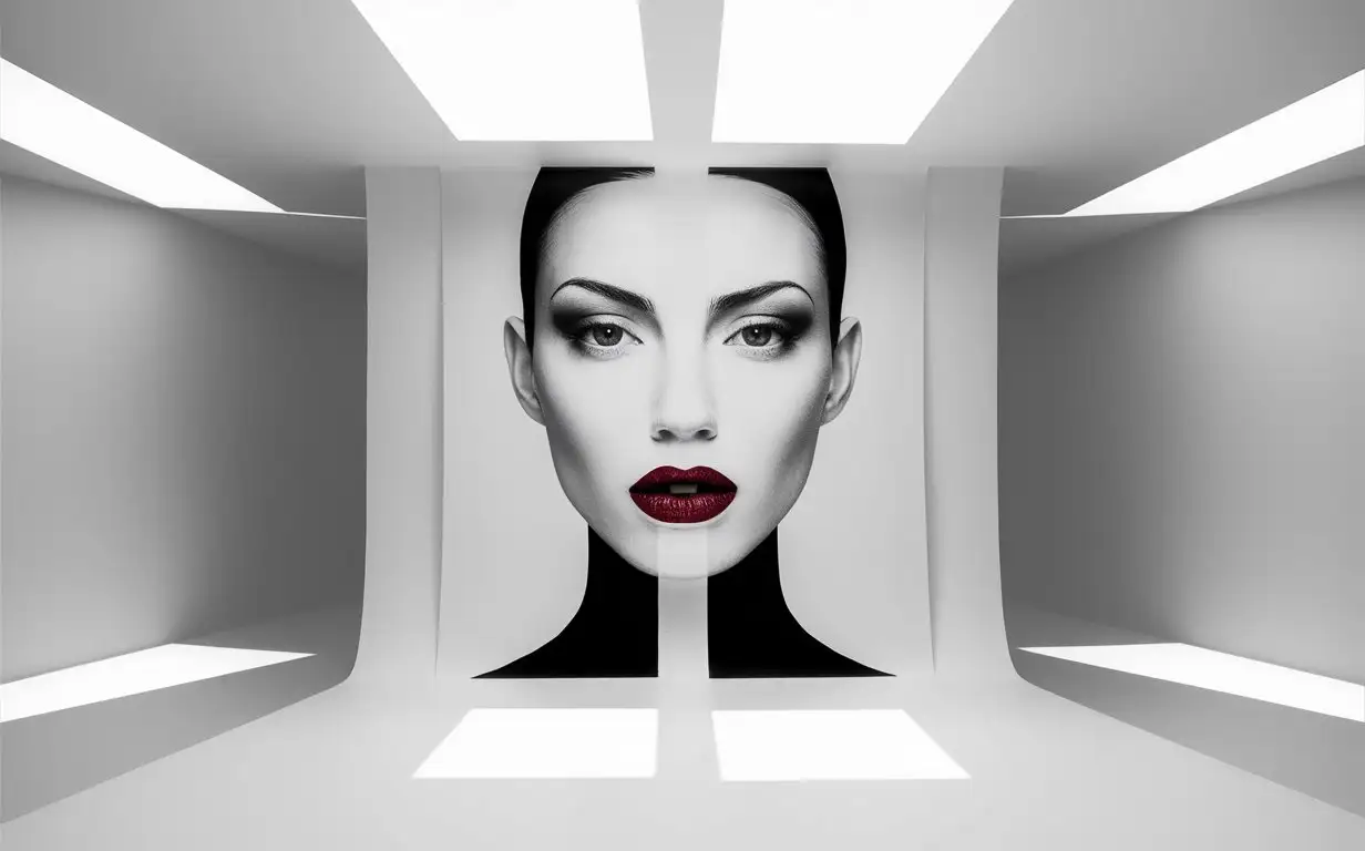 Black and white minimalistic fashion portrait, woman's face in the center, red lips, symmetrical composition, white background, modern art style, graphic design poster print, flat lay, high resolution, high contrast, professional photography, volumetric light, sharp focus, depth of field --ar 3:4 --stylize 250