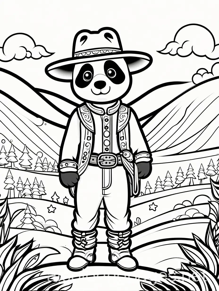 Cute panda in cowboy dress, coloring page, black and white, above tree line art, white background, simplicity, wide white space. The background of the coloring page is plain white to make it easier for young children to color within the lines. The outlines of all the topics are easy to distinguish, making it easy for children to color without much difficulty, coloring page, black and white, line art, white background, simplicity, wide white space. The background of the coloring page is plain white to make it easier for young children to color within the lines. The outlines of all the themes are easy to distinguish, making it easy for children to color them without much difficulty, Coloring Page, black and white, line art, white background, Simplicity, Ample White Space. The background of the coloring page is plain white to make it easy for young children to color within the lines. The outlines of all the subjects are easy to distinguish, making it simple for kids to color without too much difficulty