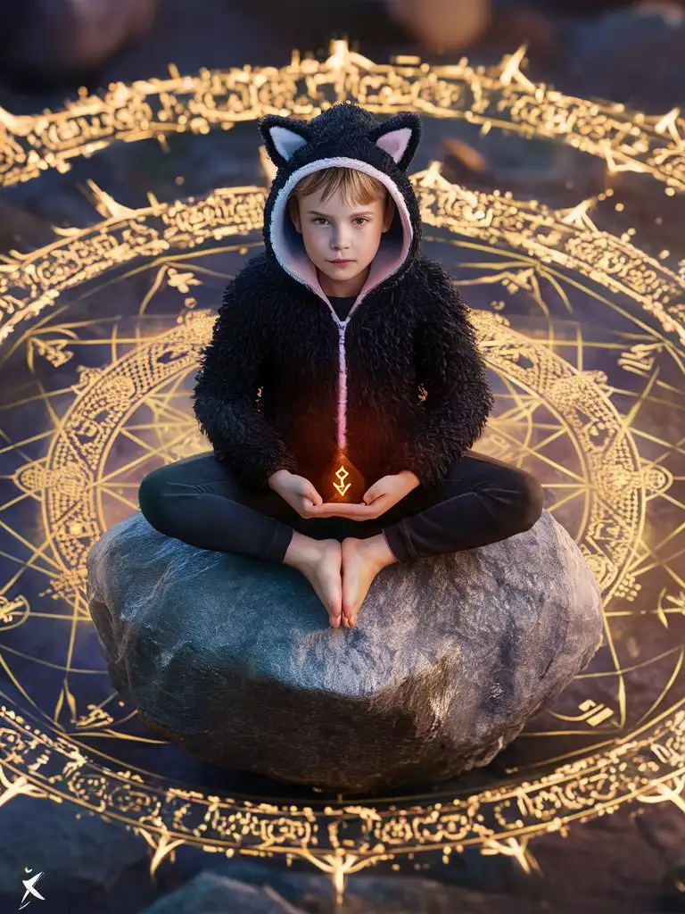 photorealistic, magical qi-cultivation, 12yo, male, RAW Photo, black fluffy-fleece furry-cat-hoodie, immortality, precocious, European face, lotus-position on boulder, holding rune between hands, complex magical circle, digital art, isometric style, focused on the character, 4K resolution, photorealistic rendering, front-view, hood-up, fluffy-fur-trim