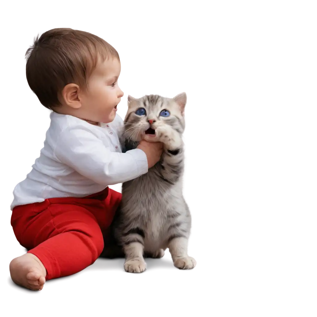 cat playing with cute baby