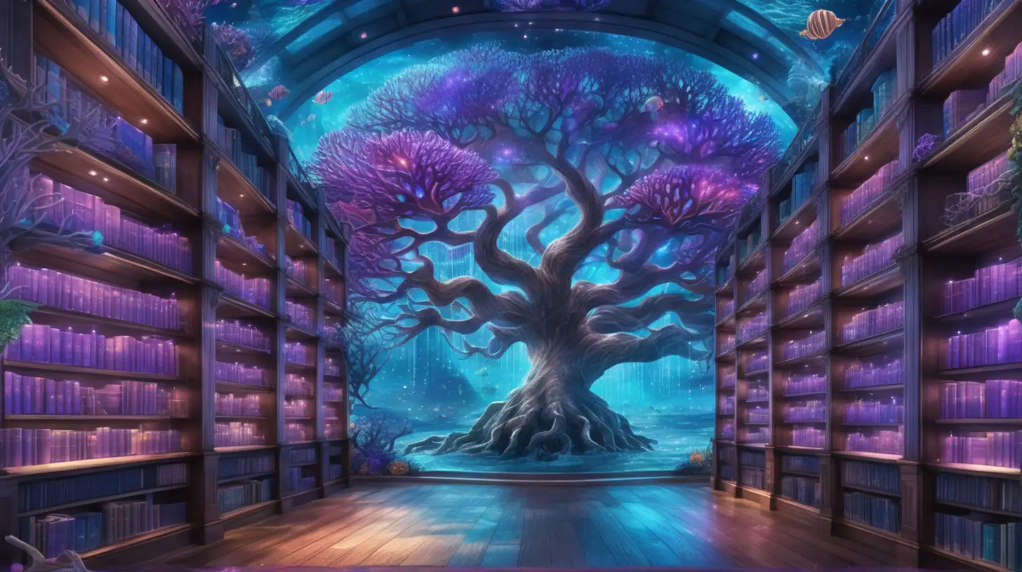 Underwater Ocean Library with Magical Tree and Coral Garden