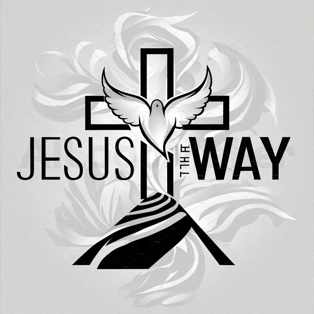 a logo design,with the text "JESUS THE WAY", main symbol:CROSS, PATHWAY, DOVEn,complex,clear background