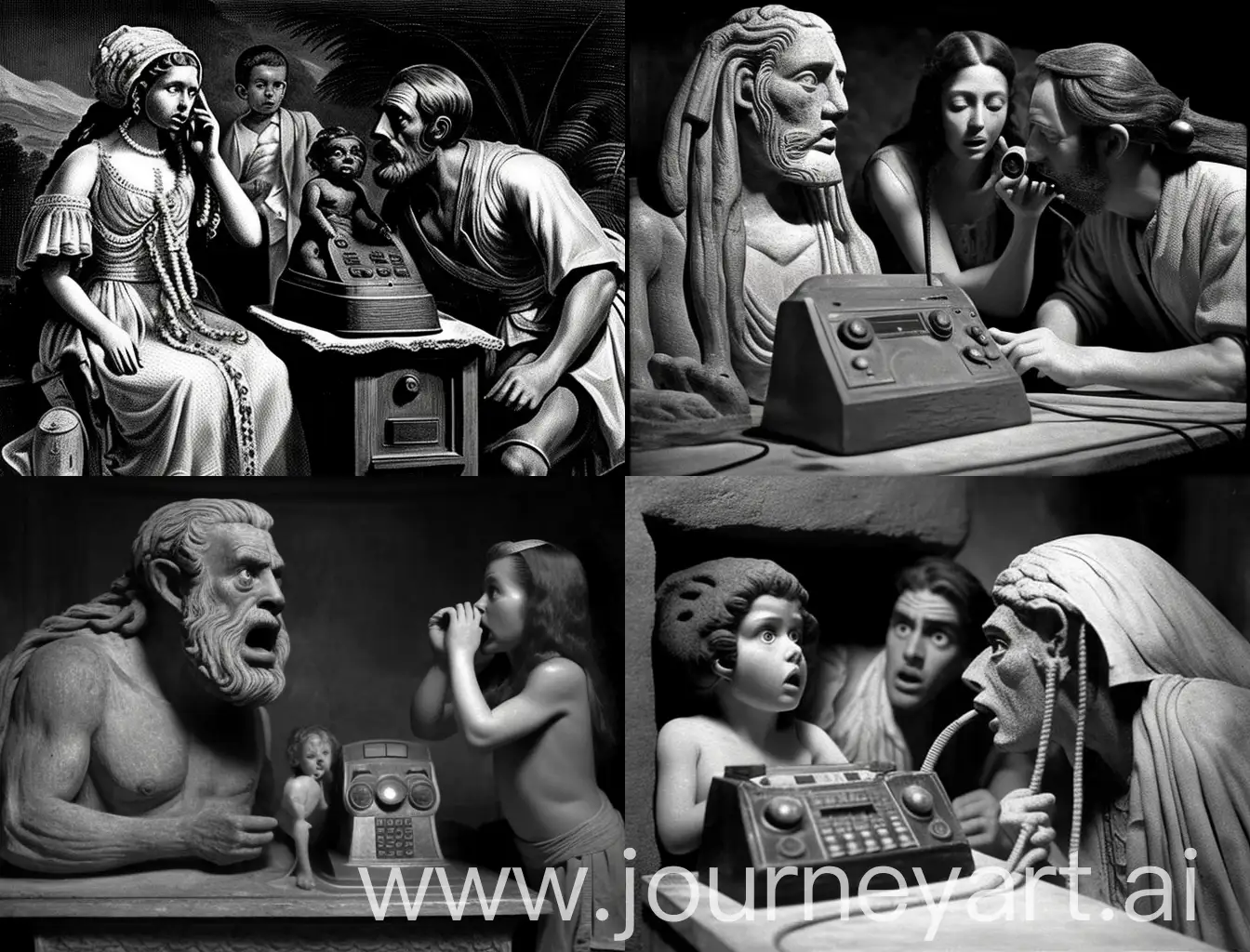 Black and white photograph depicting the moment when ancient people first discovered the telephone
