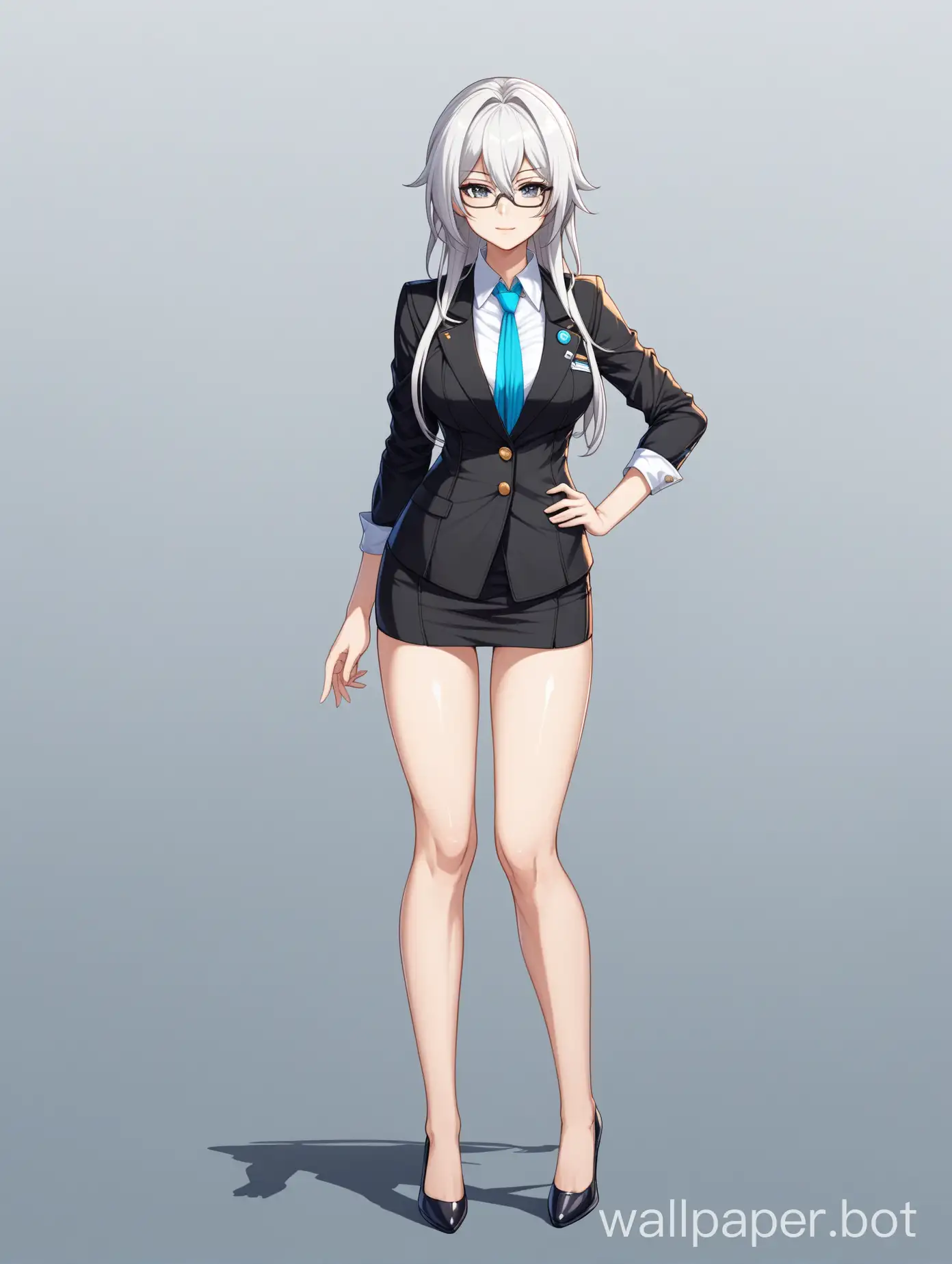 Bronya from Honkai Star Rail, white hair, perfect body, sexy office clothing, with glasses, full body view
